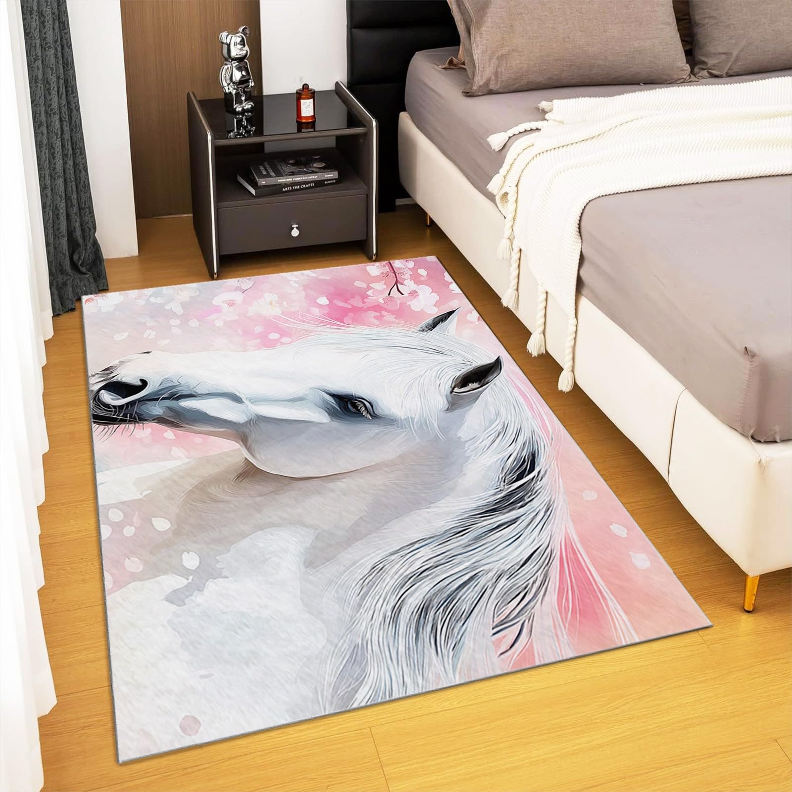 Kurzflor Rechteck Teppich Wohnzimmer 120x180cm Tiere Weißes Pferd Kirschblüten Waschbarer Teppich für Mädchen Junge Schlafzimmer Hellrosa Kinderzimmer Flauschig rutschfest