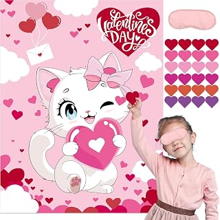 Valentines Games for Kids Pin The Heart on The Cat Game Reusable Pin The Heart on The Cat for Valentines Day Party Favor Supplies