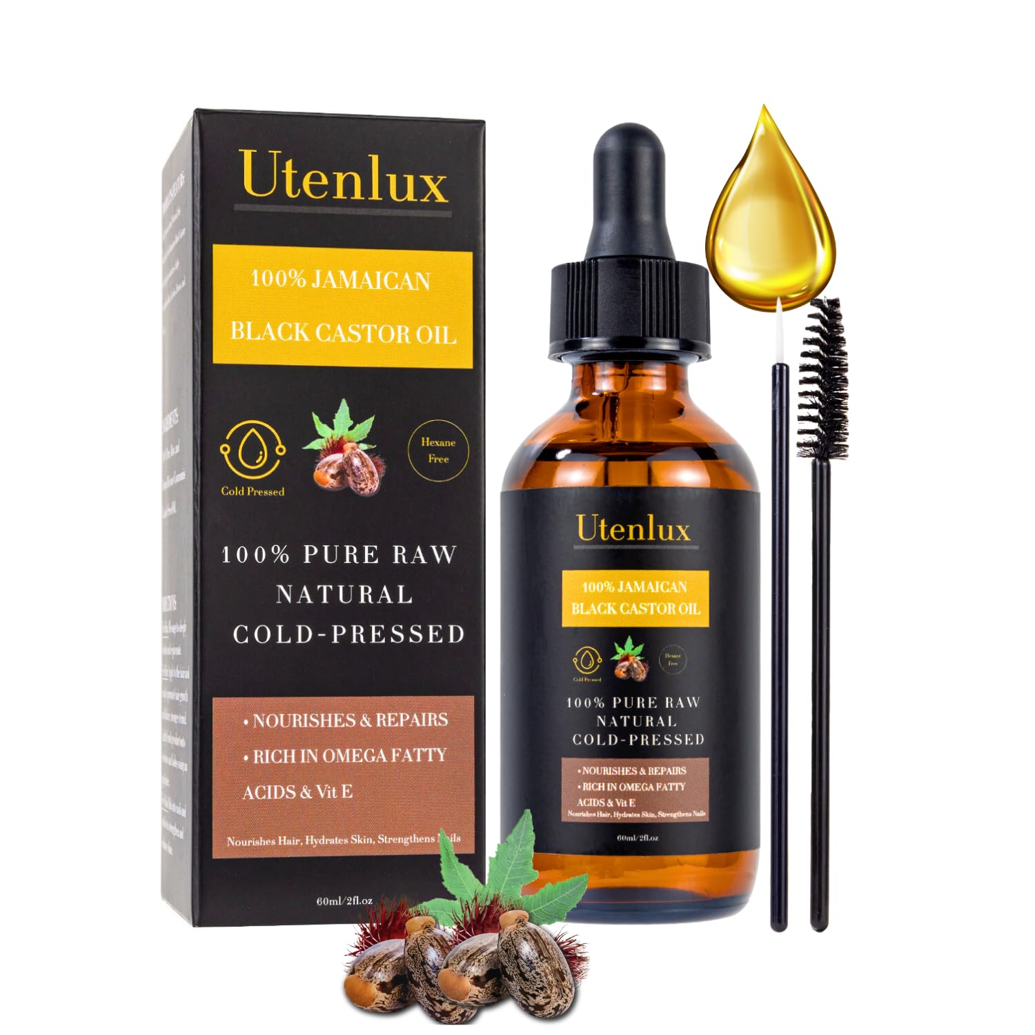 100% Pure Jamaican Black Castor Oil for Hair Growth, Organic & Cold Pressed in Glass Bottle, Unrefined Hair Oil, Hexane Free, for Eyelashes, Eyebrows & Face, 2 oz