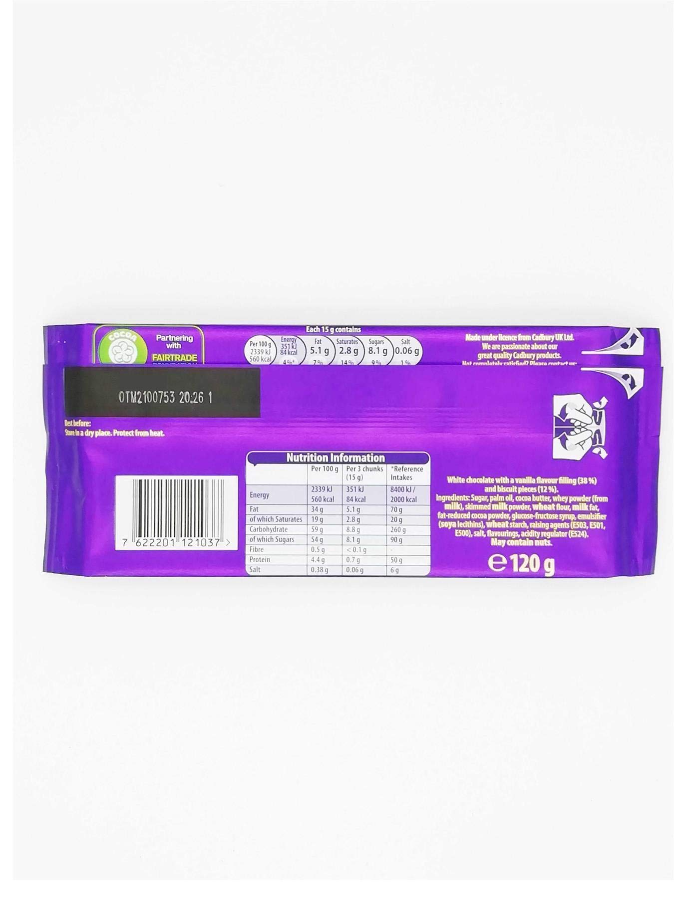 Cadbury Oreo White Chocolate Bar, 120 g, white chocolate with a delicious Oreo filling, Pack of 17