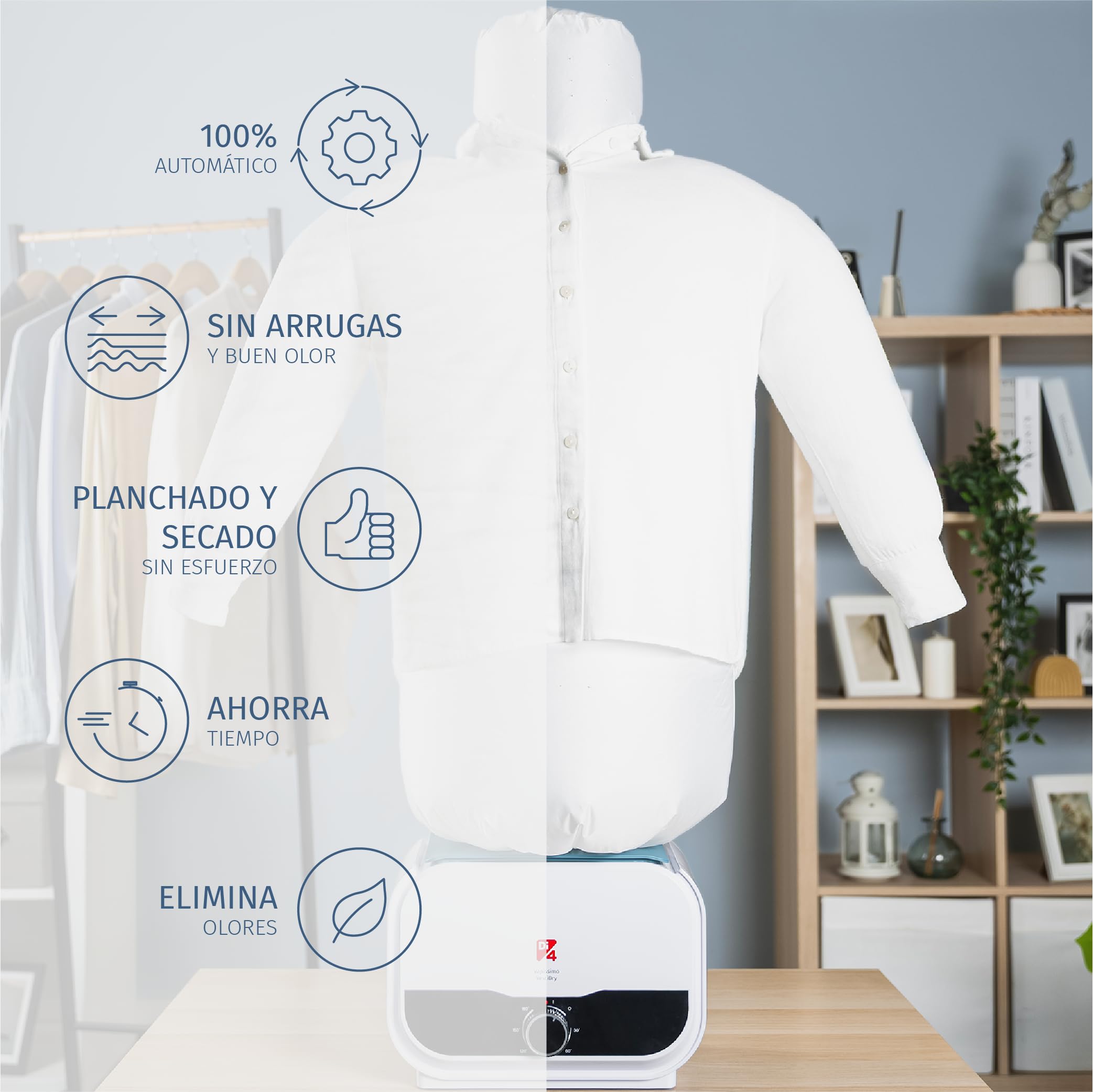 Di4 Maniquí 2 en 1 Vapissimo VestiDry, Planchado y Secado Automáticos, 1400W, Elimina Arrugas, Desodoriza y Neutraliza Olores, Temporizador de 3 horas, Tallas S a XXL, Accesorio Pantalones Incluido