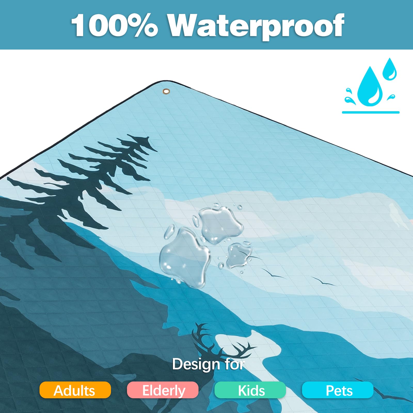 PY SUPER MODE Coperta da picnic impermeabile extra large, 200 x 200 cm, 5 strati, per spiaggia, campeggio, parco, prato, sistema di ancoraggio antivento con paletti, pieghevole, blu e marrone
