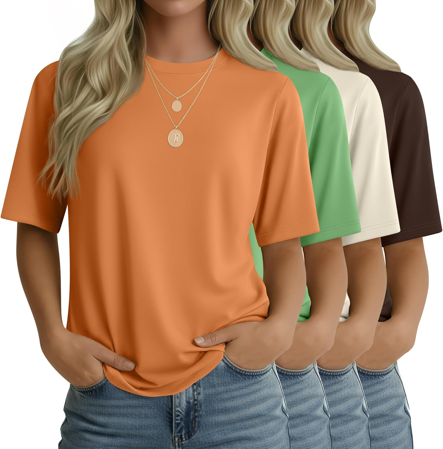 4 Pack Women's Half Sleeve T Shirts 1/2 Sleeve Basic Crew Neck Tops Elbow Length Ca...