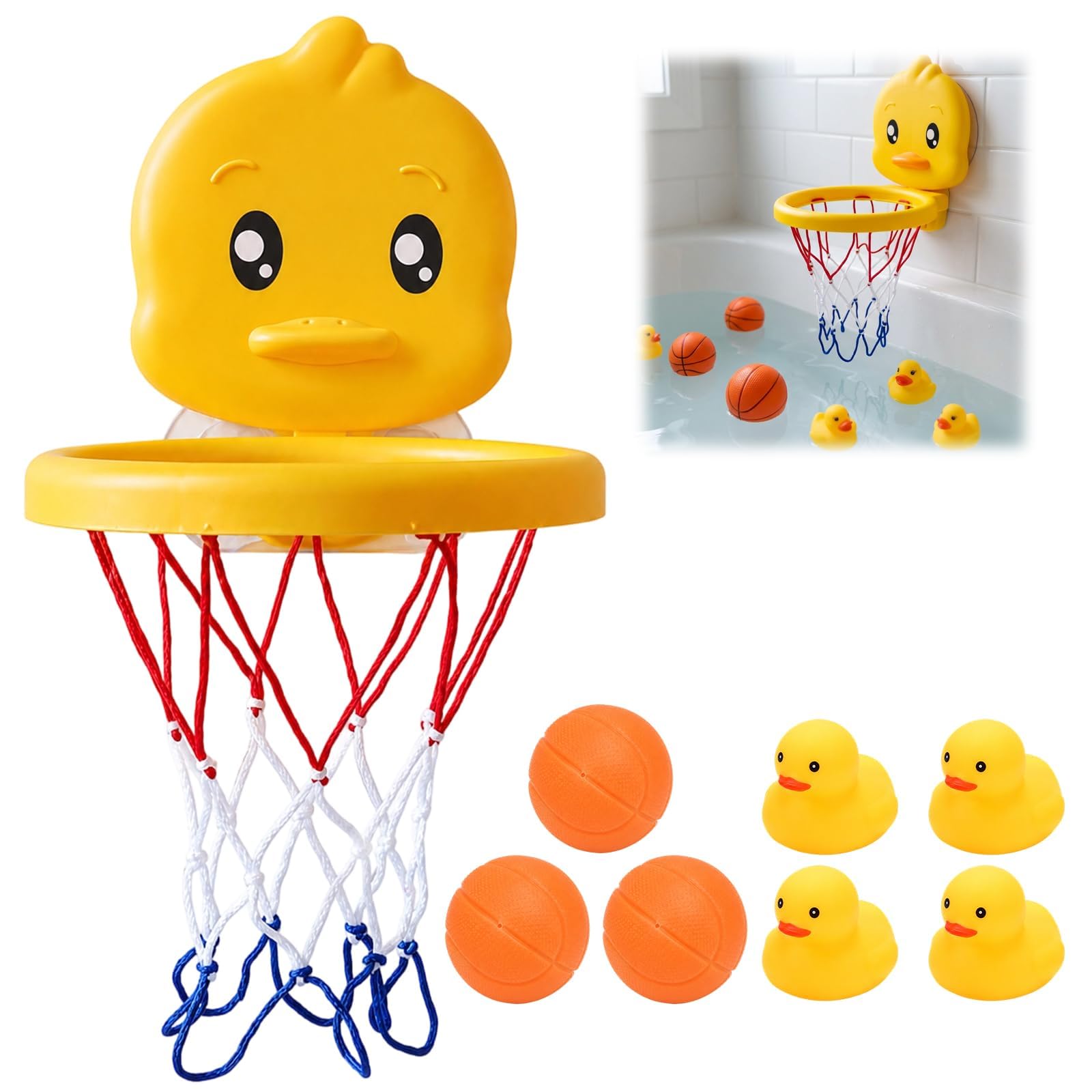 Bath Basketball Hoop, Toddler Ball Play Set with Duck Design, Bath Toys for 3 Year Olds and 4 Year Olds, Multi-Surface Basketball Game with 3 Balls and 4 Ducks for Pool and Bathtub Fun