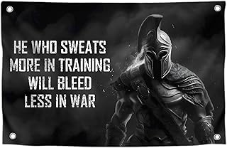 3x5 Ft Motivational Polyester Flag He Who Sweats More In Training Will Bleed Less In War with 4 Grommets - Improvement Wall Decor for Home or Gym - Wall Single Sided Flag with Spartan Image and Quote