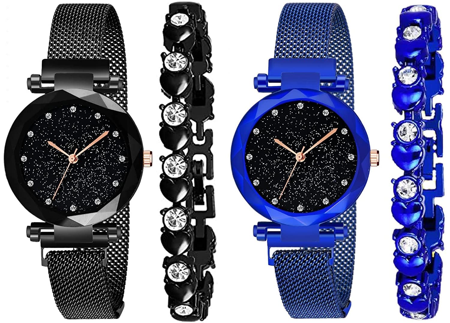 CORXIL Analogue Magnet Strap Womens Girls Watch Sweet Heart with Bracelet Combo for Girls & Womens Watch Pack of 4 (Black - Blue) (B0BPT2S1N8) Amazon Price History, Amazon Price Tracker