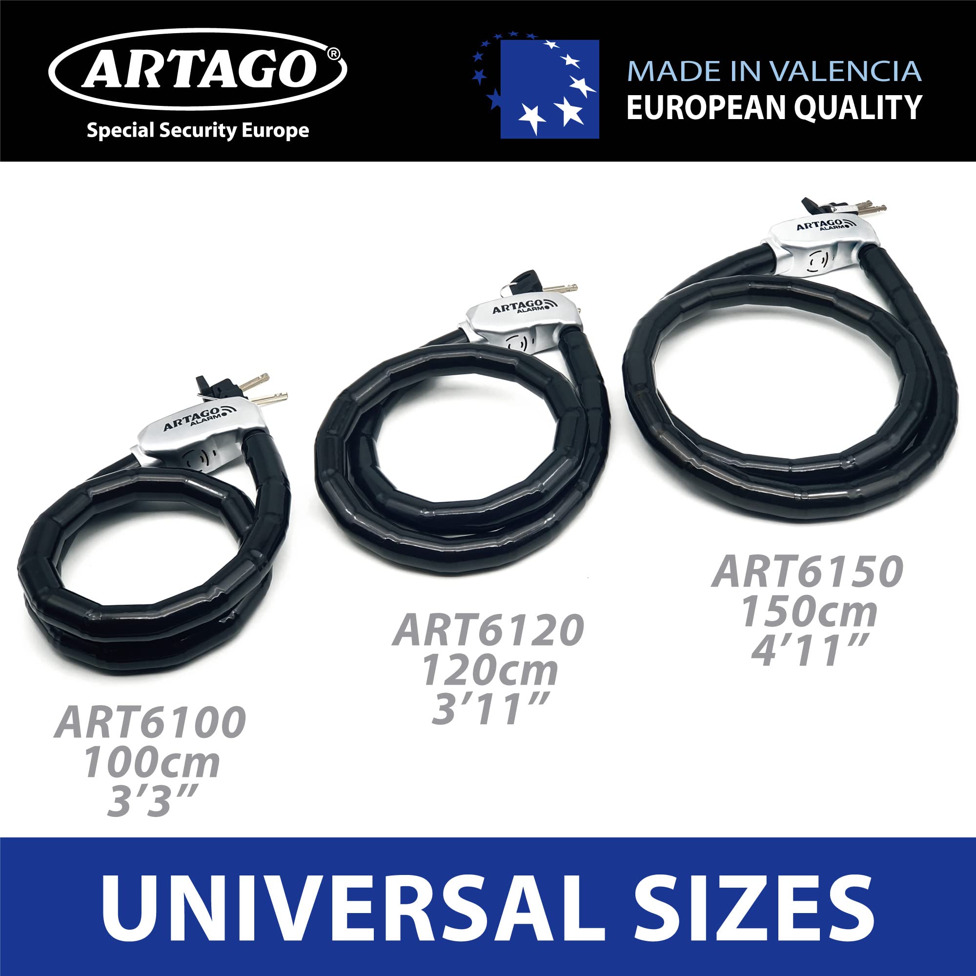 Artago ART6100 Candado Piton Moto Sin o Con Alarma 120dB, Cable Acero Articulado Blindado, 100cm, Flexible, Botón ON, Función Warning, Impermeable, Cadena Pitón Antirrobo Moto Bici, Patinete Electrico