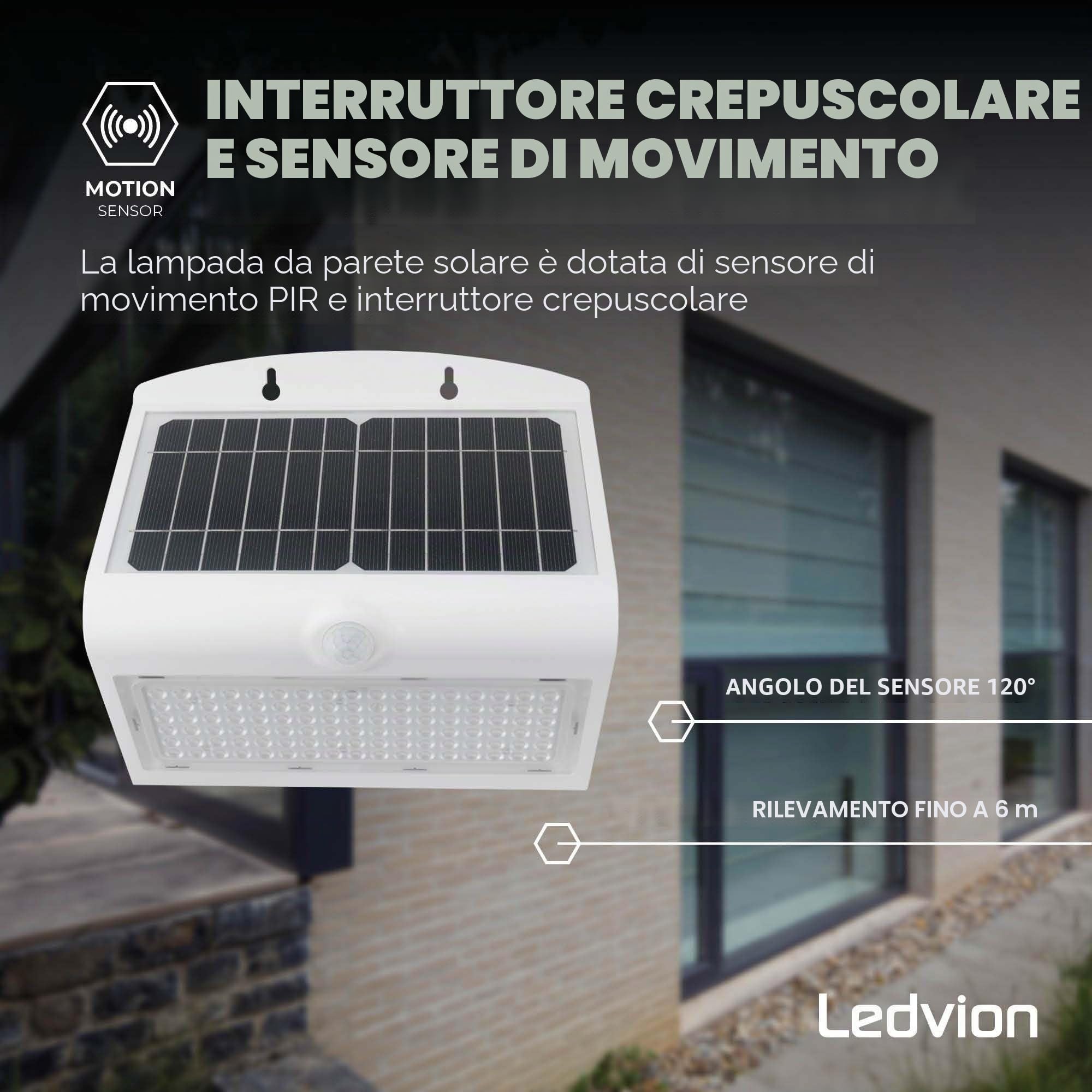 Ledvion - Lampada Solare LED Moderna da Parete, 8W, 3000K, IP65, Bianca, 220 Lumen, con Sensore di Movimento, Energia Solare, Efficienza Energetica & Resistente alle Intemperie