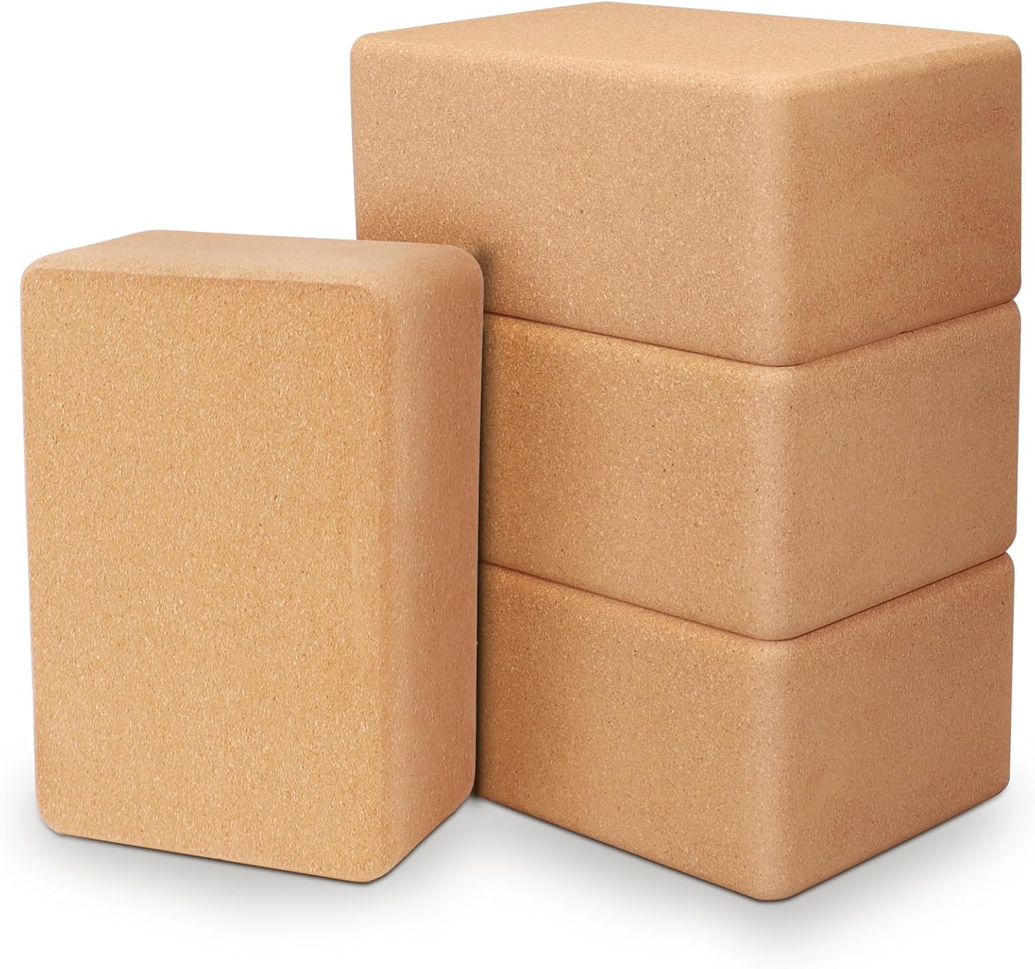 Paquete de 4 bloques de yoga de corcho, bloques de yoga antideslizantes y de alta densidad, ladrillo de madera natural para ejercicio, pilates, estiramiento, equilibrio, gimnasio, entrenamiento en