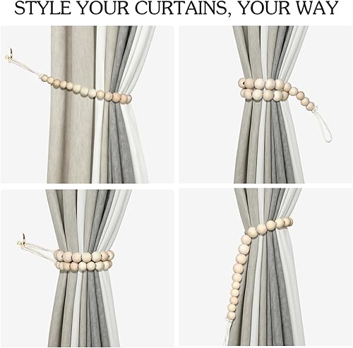 Miniatura 4 de Hion 2 piezas de alzapaños de cortina estilo bohemio, alzapaños de cortina con cuentas de madera, alzapaños para cortinas de estilo granja al aire