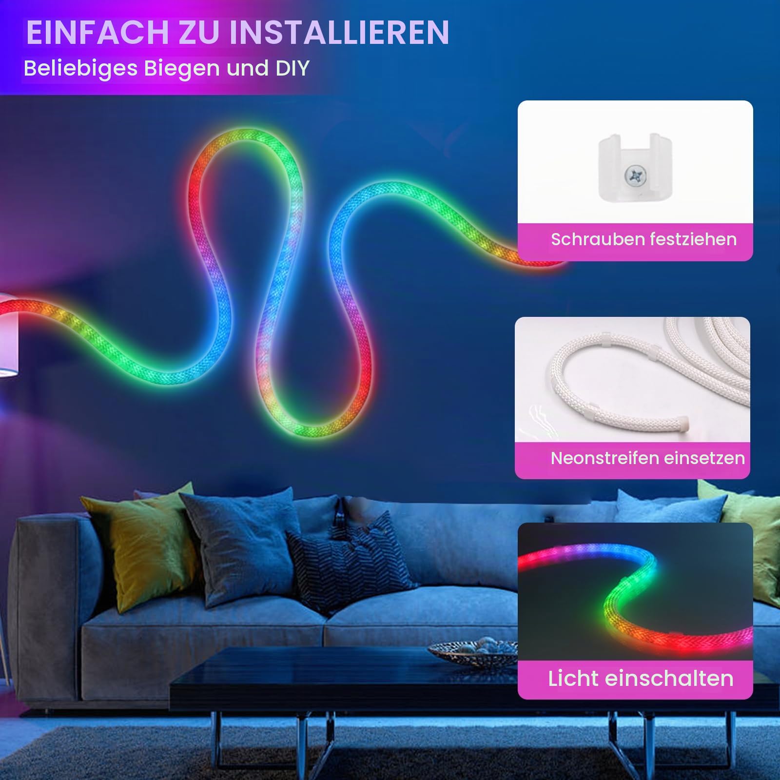 5V WiFi RGB Neon LED Streifen, 360° illumination WS2812B Adressierbare Wasserdicht Diffusion Silikon Neon Flex LED Schlauch, Smart Phone Gesteuert, Kompatibel mit Alexa Google Assistant (4M)
