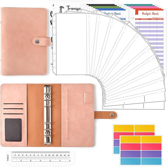 Cooyou 30 Pack Budget Envelope Binder Set, A6 PU Leather Budget Binder with 12 Budget Sheets 10 Clear Zippered Pockets 1 Ruler 2 Stickers for Budget Planner, Pink