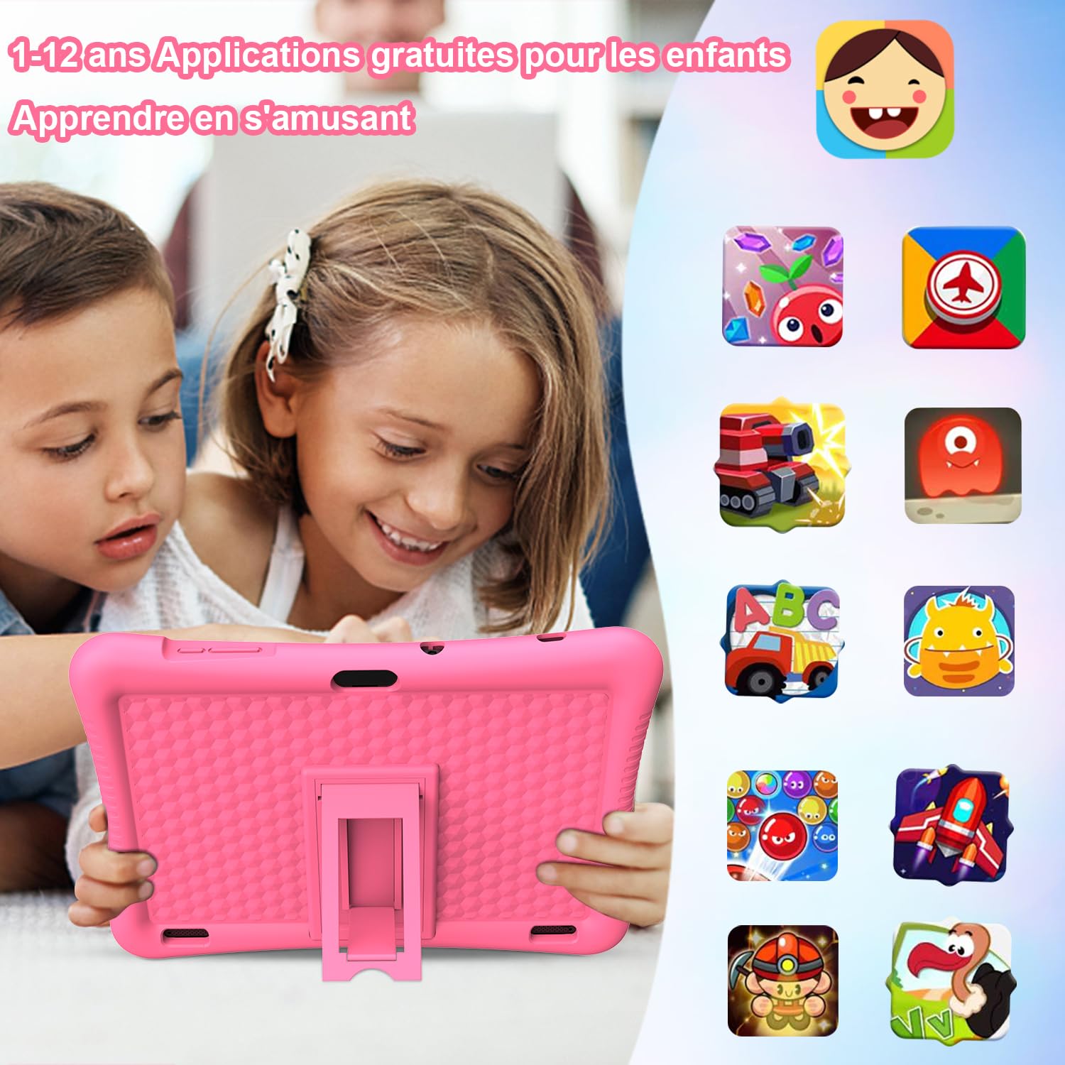 Tablette Enfants 10 Pouces Android 13, Kids Tablette Tactile Quad-Core 1.6GHz, 1280 x 800 HD-Display, 3GB RAM/32GB ROM(256GB TF),6000mAh,WiFi,Bluetooth,Double Caméra,Contrôle Parental(Rose)