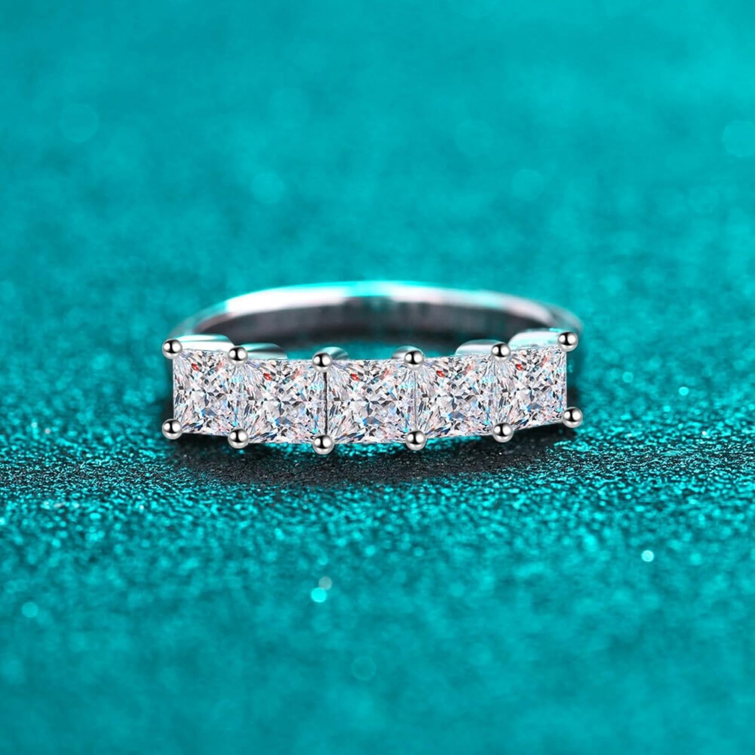 Princess Cut Moissanite Half Eternity Ring, 925 Sterling Silver, 14K White Gold Plated, Size 4-13