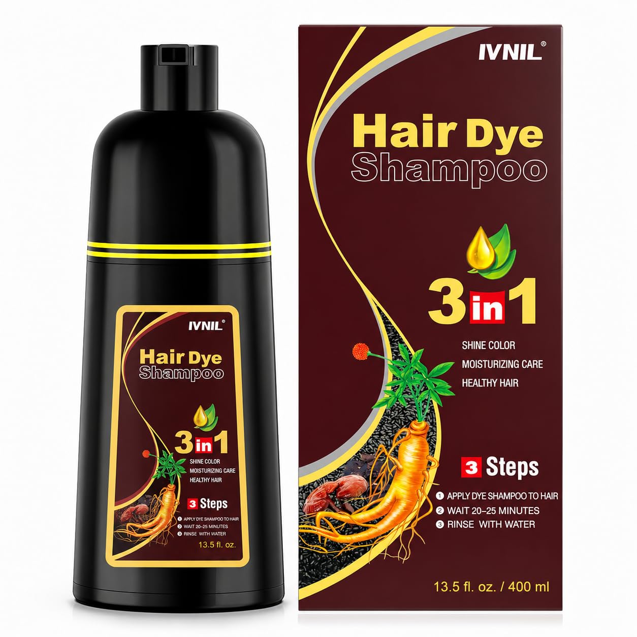 Photo 1 of **Factory sealed** Ivnil Chestnut Brown Hair Dye Shampoo 3 in 1 Hair Color for Women & Men - Mild Formula Ingredients Color in Minutes 400ML