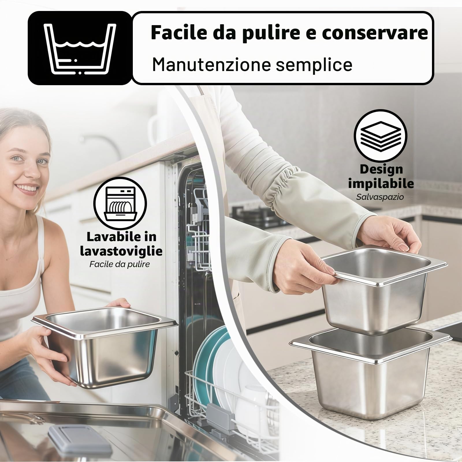 Contenitore GN 1/6, Set da 6 Vasche GN 1/6 in Acciaio Inox | Vaschette Inox da 10 cm di Profondità con Coperchio, Contenitori Gastro Impilabili, Bacinelle per Bagnomaria e Conservazione