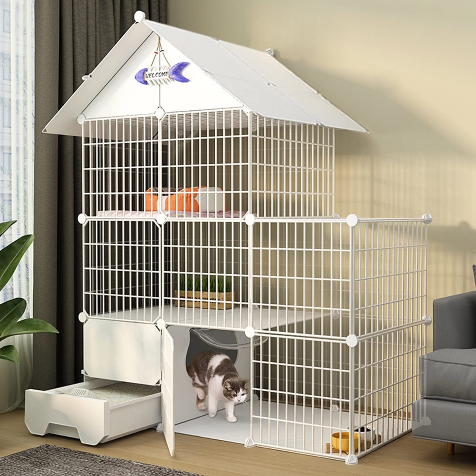 asdchZen Cat Cage - Cat Playpen,Cat Cage With Cat Litter Box,Ferret Cage With Door Diy Pets Playpen Cats Crate Cage Foldable Fence Yard For Small Pets Rabbits Hedgehogs Cat