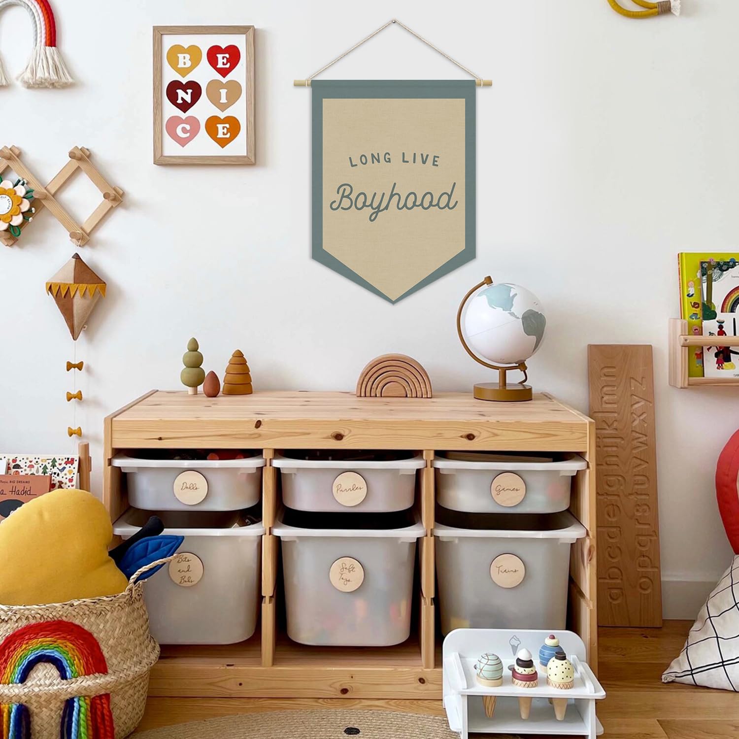 XYDEG Boys Room Decor, Long Live Boyhood Linen Canvas Banner, Boy Nursery Wall Hanging Pennant Flag Banner for Boys Kids Toddler Room Bedroom Playroom Decor, 15x11in - Blue