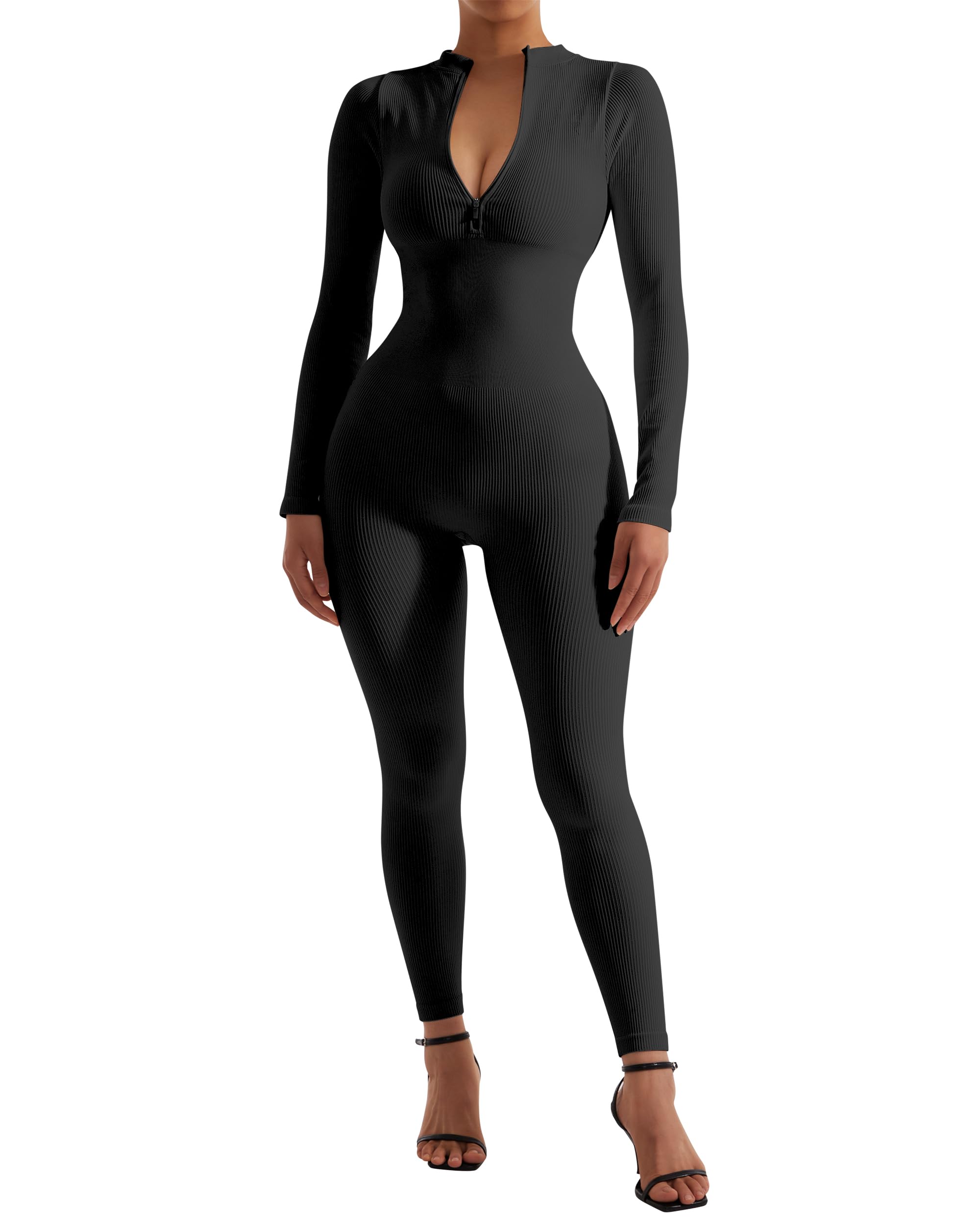 SUUKSESS Women Long Sleeve Ribbed Jumpsuit Zip up Front Workout Bodycon Romper