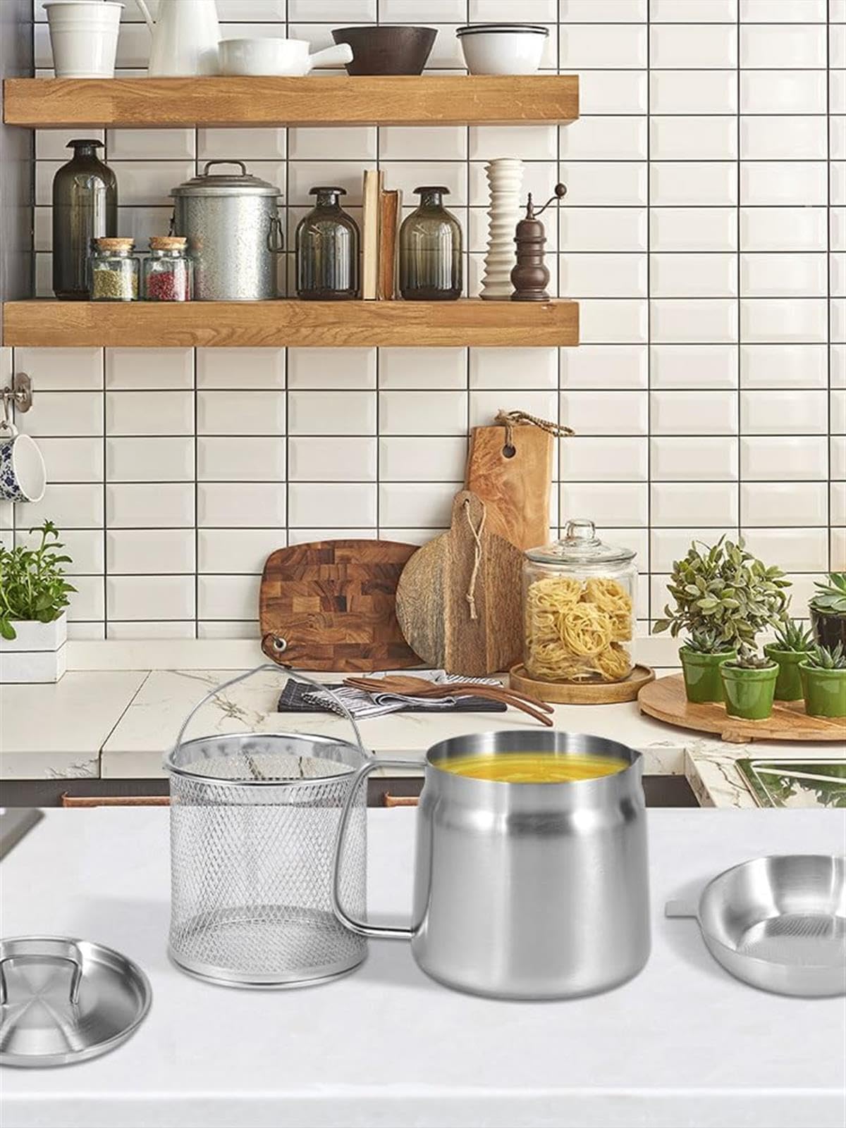 Pentola per olio con coperchio filtro e cestello per friggere, grande capacità, può ingrassare e contenitore per cucina o olio per friggere
