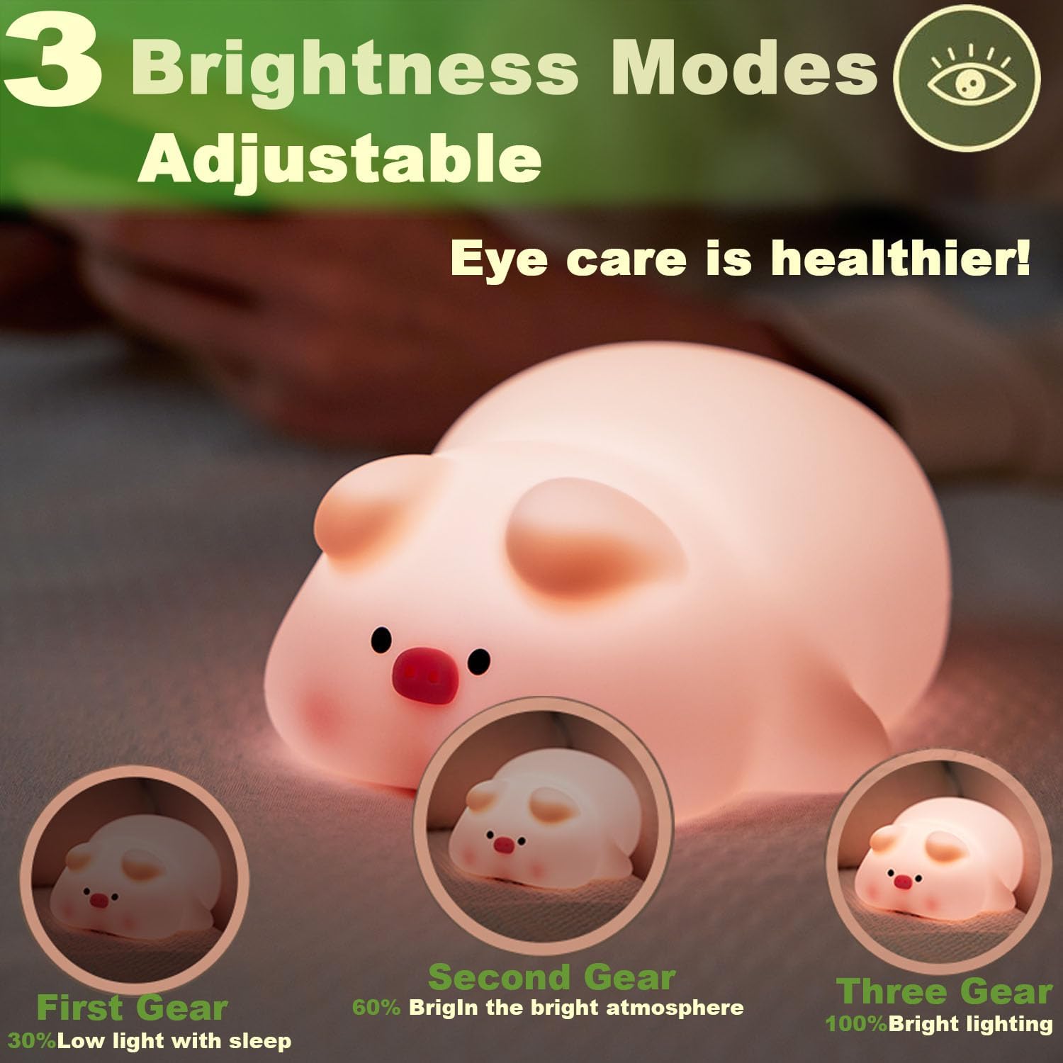 Piglet Night Light for Kids,Cute Pig Silicone Squishy Dimmable Nursery Lamp image 2