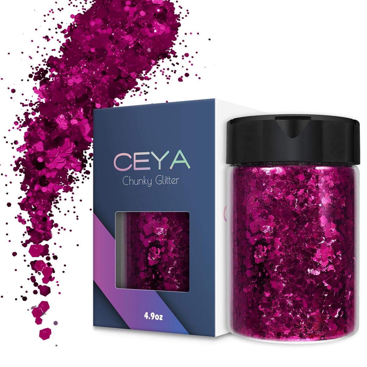 Ceya Chunky Glitter, 4.9oz/ 140g Fuchsia Red Craft Glitter Powder Mixed Fine Flakes Iridescent Nail Sequins for Nail Art, Hair, Epoxy Resin, Tumblers, Slime, Painting, Festival Decor