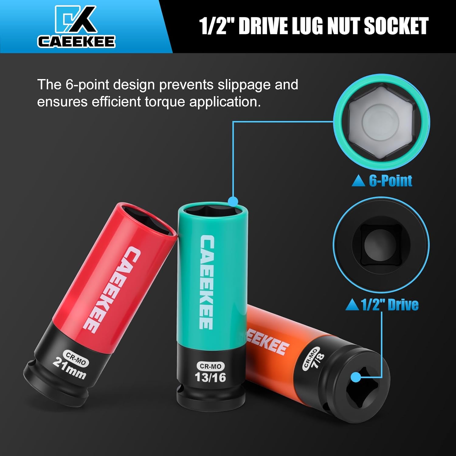 1/2" Drive Lug Nut Impact Socket Set, 8PCS Non-Marring Thin Wall Wheel Protector Socket Set, 6 Point, CR-MO, Metric & SAE, 15, 17, 19, 21, 22, 13/16", 7/8", Color Coded, Extension Bar