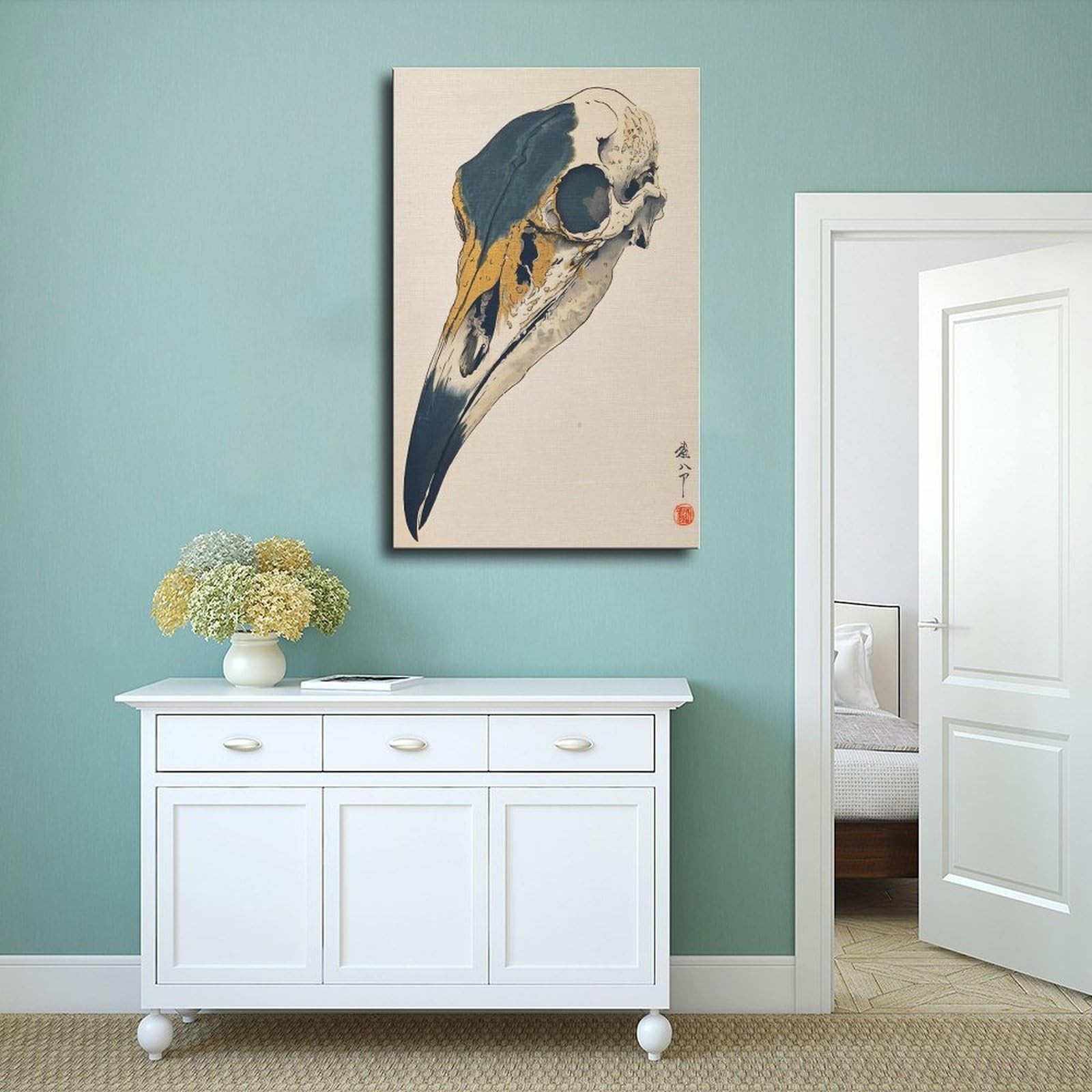 Intricato poster su tela con teschio di corvo per la decorazione della casa