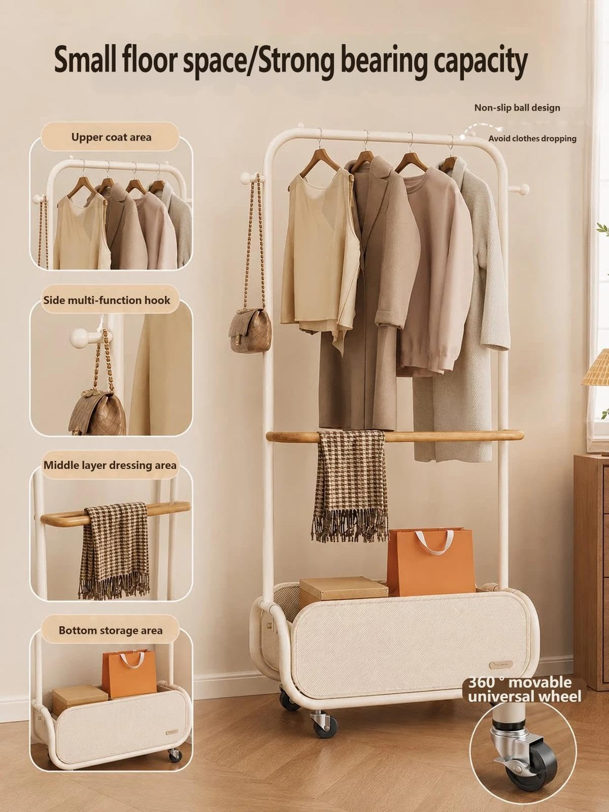 Perchero rodante, organizador de ropa de madera moderno for dormitorio