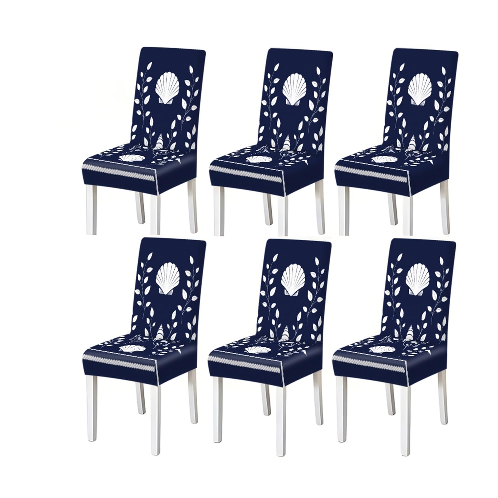 Navy Blue Coastal Shell Chair Covers Set Of 2/4/6, Stretch Dining Chair Slipcovers, Nautical Beach House Decor Removable Stretch Slipcovers for Dining Chairs(6PCSChair cover)