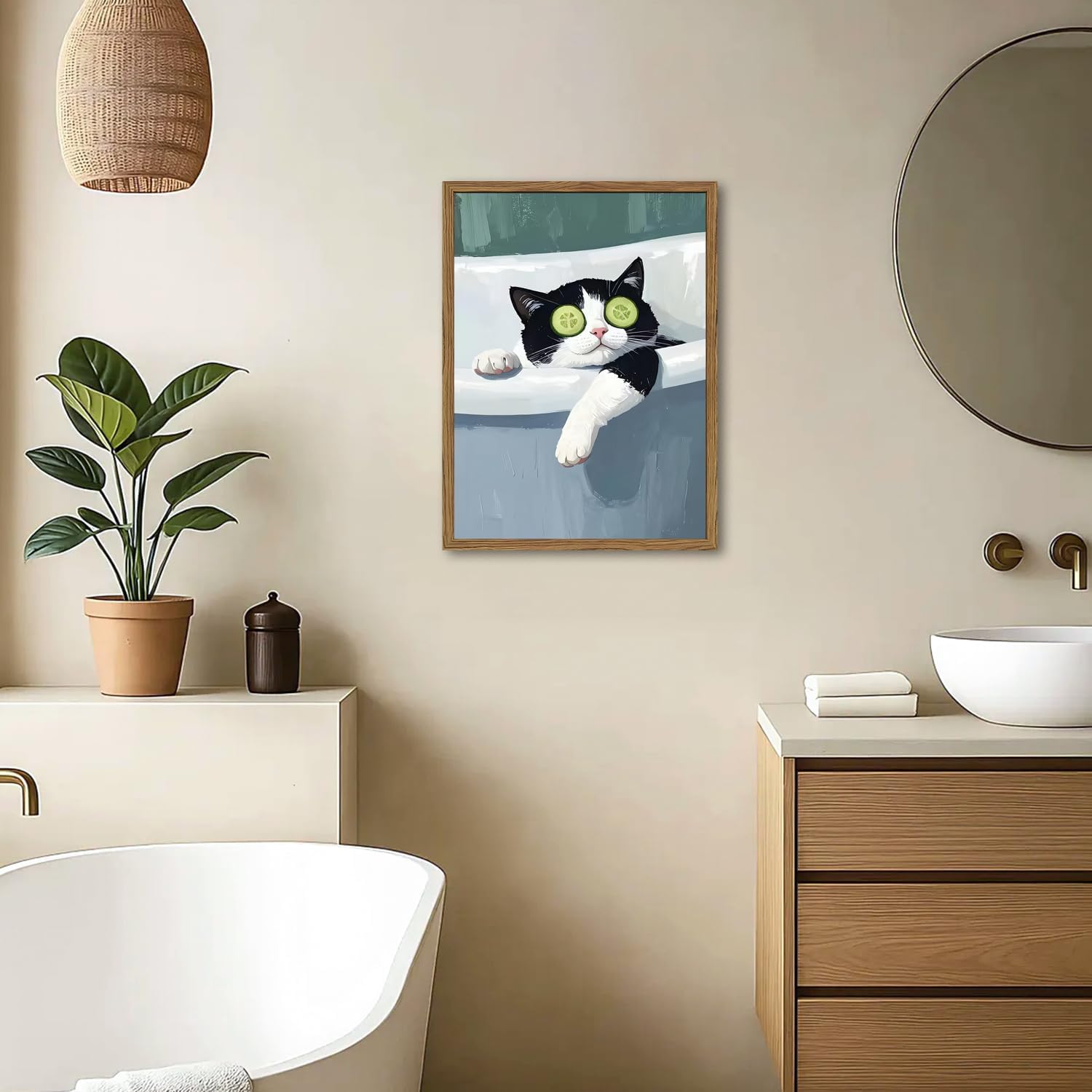 Funny Black and White Cat Bathroom Wall Art, Eclectic Tuxedo Cat in Bathtub Painting Wall Decor Cute Animal Bathroom Poster Canvas Prints Pictures 12x16 inch Wood Framed