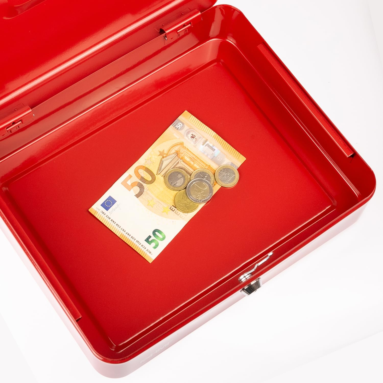 HMF Cassetta portavalori con chiusura a chiave, cassa con inserto portamonete, 5 scomparti per monete | 30 x 24 x 9 cm | Rosso