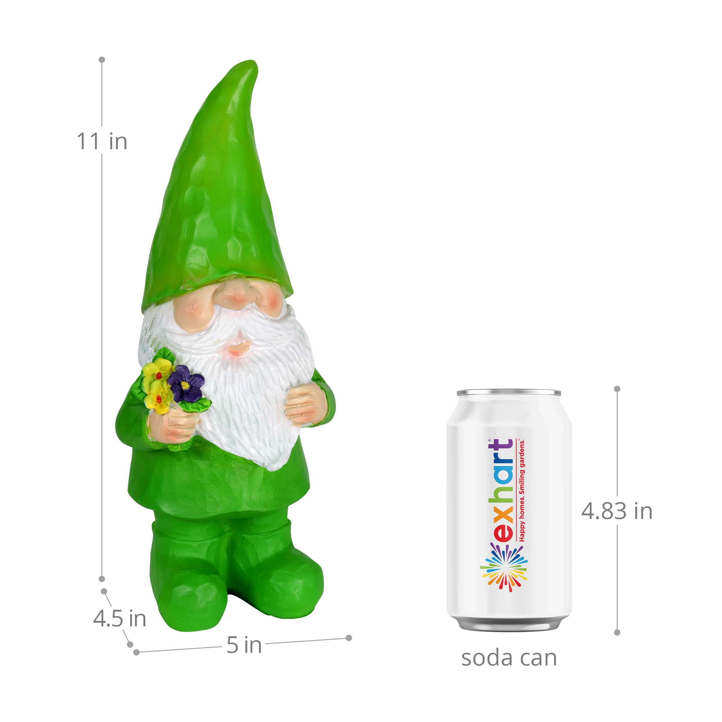 Exhart Solaire Vert Gilbert GNOME Statue Jardin-résine GNOME Peint à la Main Statue Tenant Un Bouquet de Fleurs w/Solaire LED décoration d'intérieur lumières GNOME Hat-GNOME Solaire, 11 Pouces