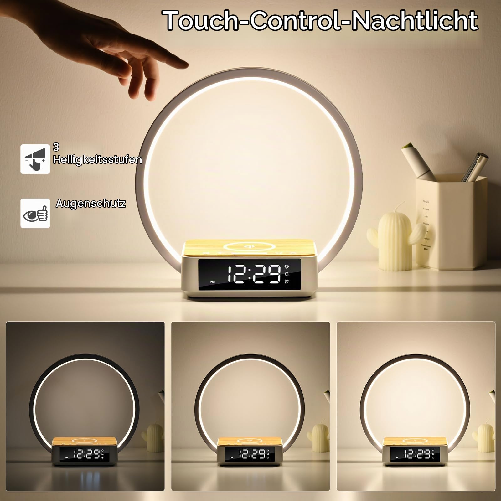 WILIT LED Nachttischlampe mit Kabelloser Ladefunktion, Lichtwecker Tischlampe Touch Dimmbar mit 3 Helligkeitsstufen, Warmes Nachtlicht mit 5W Wireless Charger für Schlafzimmer, Holz&Weiß