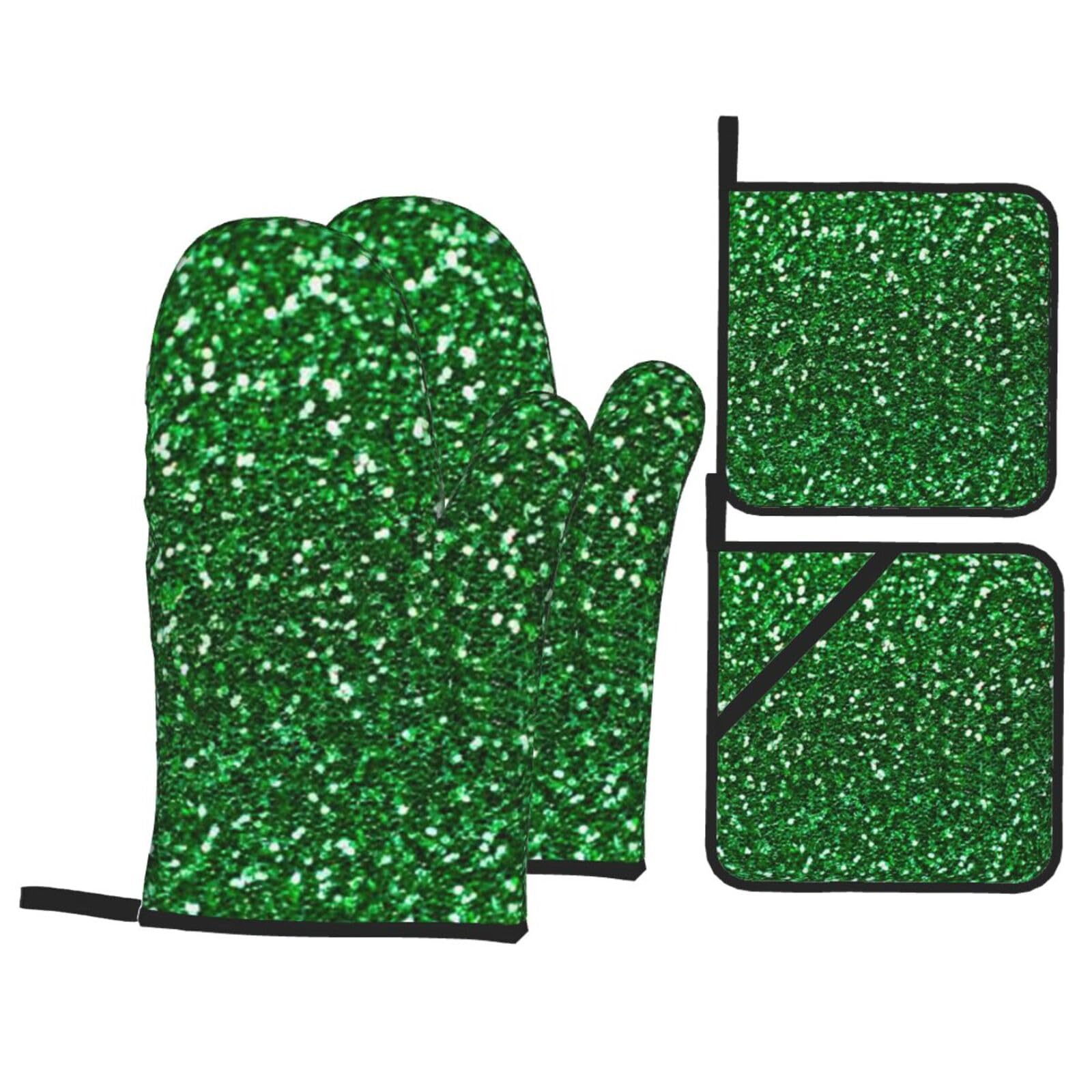 Green Sequin Sparkle Print Stylish Heat-Resistant Oven 4-Piece Set Kitchen Gloves Roasting Daily Cooking