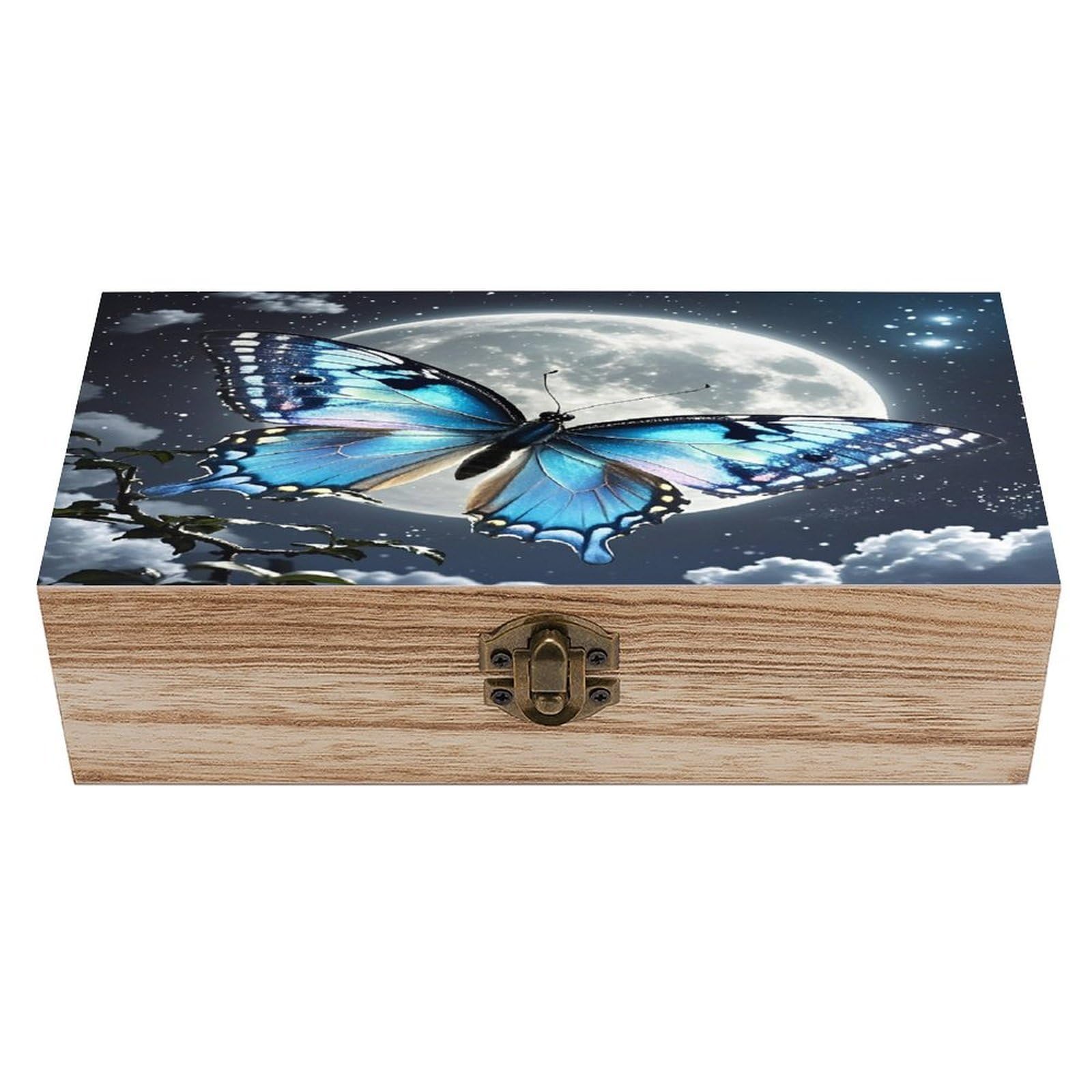 LZQPOEAS Blue Butterfly And Moon Wooden Box Storage Space to Organize Jewelry in A Beautiful Small Storage Box Decorative Card Boxes Memory Treasure Boxes for Crafts And Photo Storage