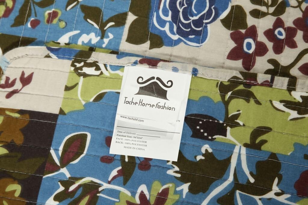 Tache 3 Pc Cotton Floral Blue Brown Green Mystical Autumn Leave Patchwork Bedspread Quilt Set, Cal King