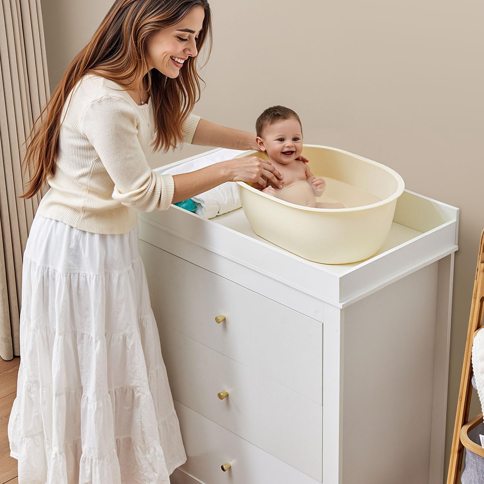 VEVOR Cambiador, Cambiador Moderno y Multifuncional de Pañales para Bebé 462 x 851 x 1010 mm con 3 Cajones y Organizador de Almacenamiento, Carga de 45,36 kg para Habitación Infantil, Blanco