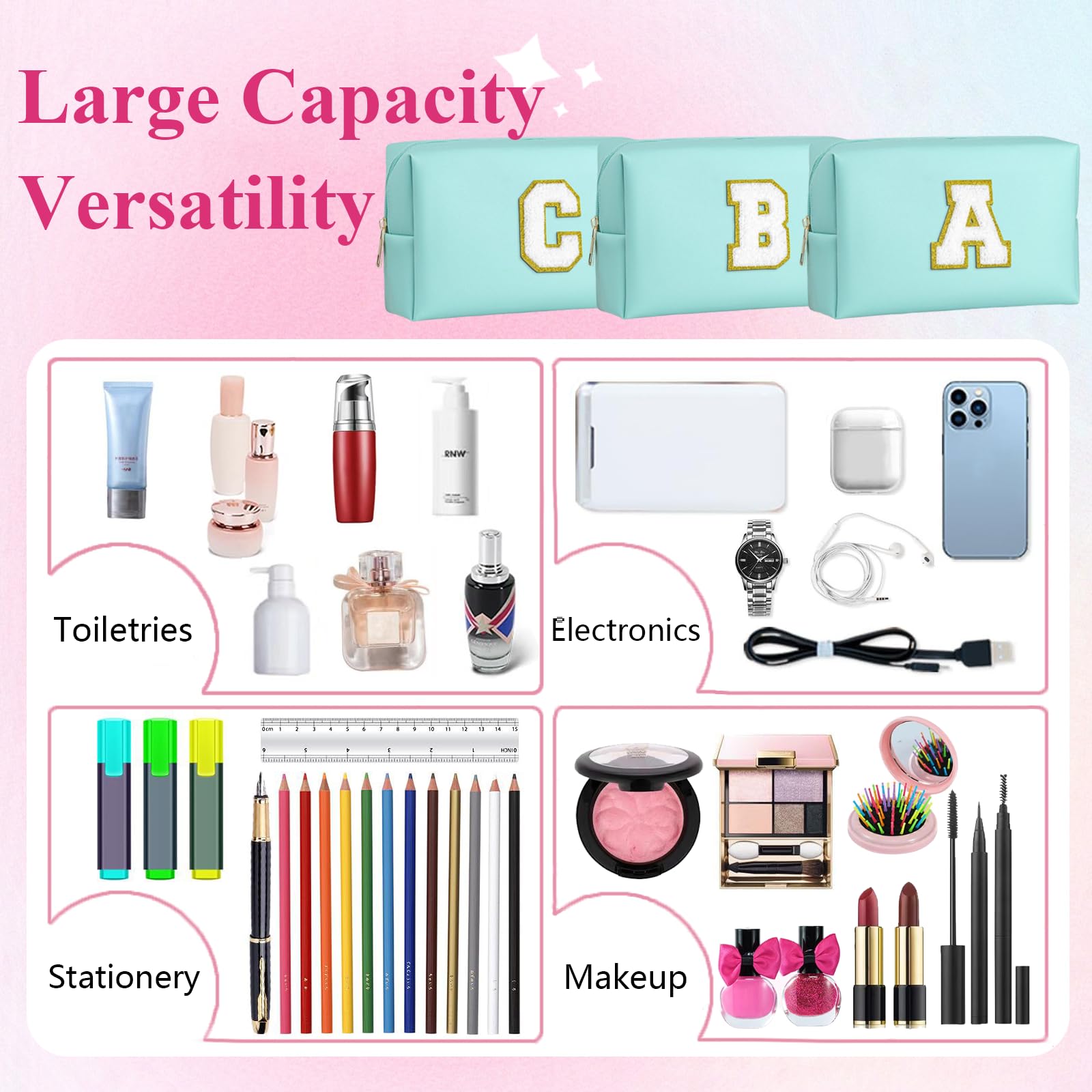 Makeup Bag for Women,Personalized Lettered Embroidered Zippered Cosmetic Bag,Travel Makeup Bag Portable Waterproof Cosmetic Toiletry Bag, Cute Cosmetic Pouch as a Gift for Girl - 5