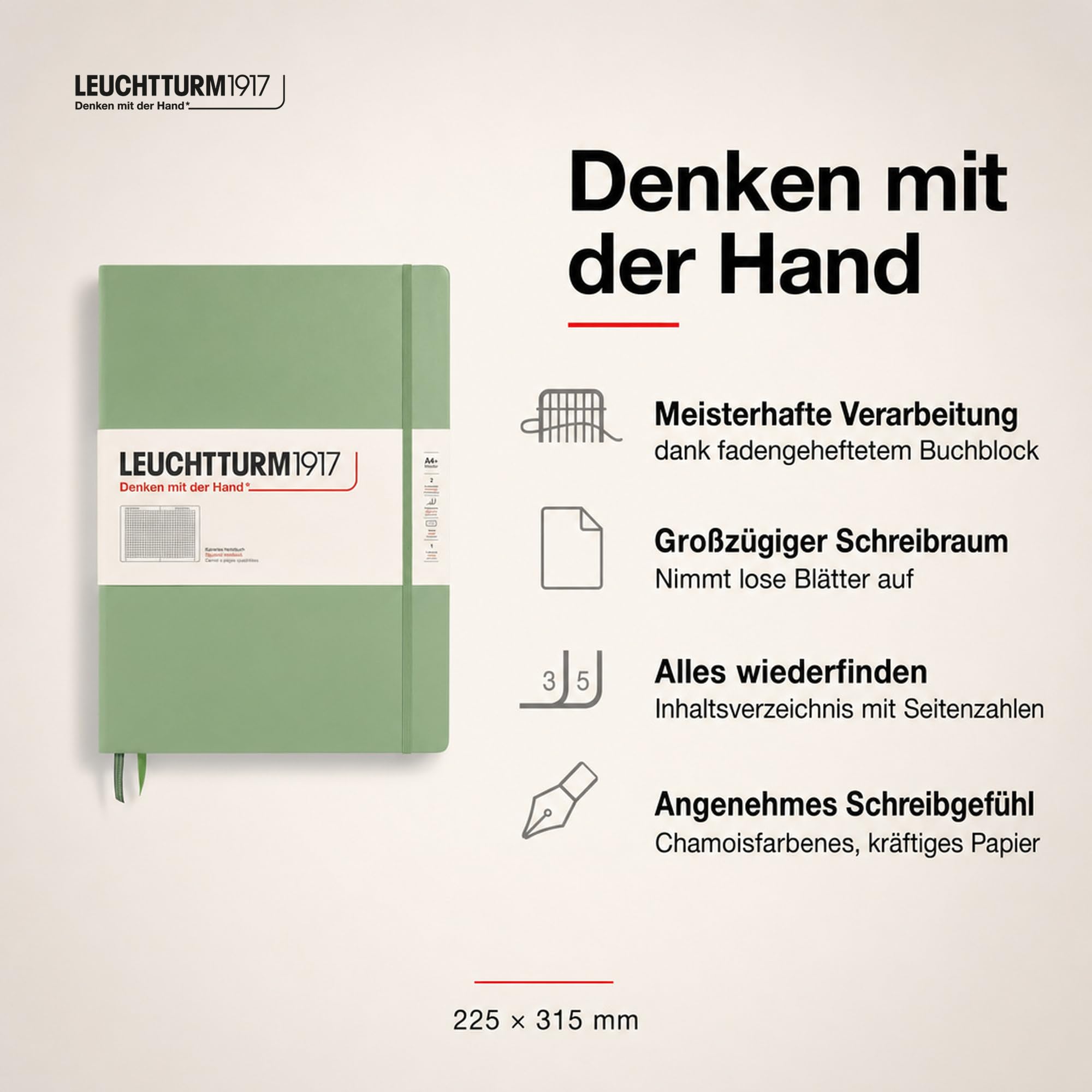 LEUCHTTURM1917 370262 Taccuini Master Classic A4+ Copertina rigida, 235 pagine numerate, Sage, Quadretti