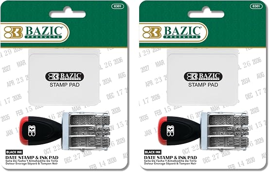 BAZIC Products Date Stamp with Ink Pad, Black Ink, Rotating Date Bands, for Office Invoices Files, 2 Pack