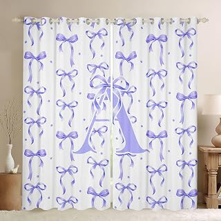 Feelyou Girls Purple Bow Curtains for Bedroom Living Room Letter 'A' Blackout Shades Coquette Aesthetic Room Darkening Curtain Kawaii Cute Princess Style Window Treatments, 2 Panels 38 x 45 Inch