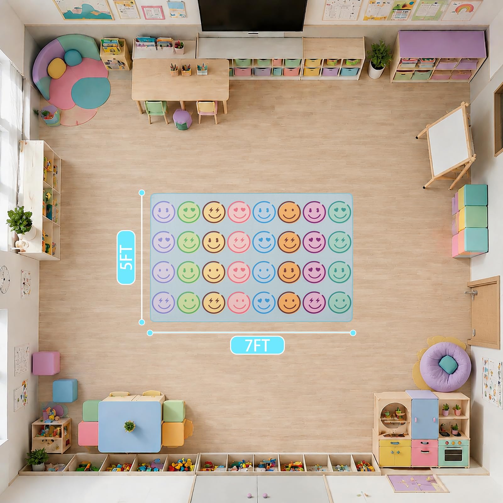 Tapis de salle de classe 1,5 x 2,1 m, motif smiley pastel, tapis éducatif | Tapis de jeu antidérapant lavable pour la maternelle, la garderie et la salle de classe primaire