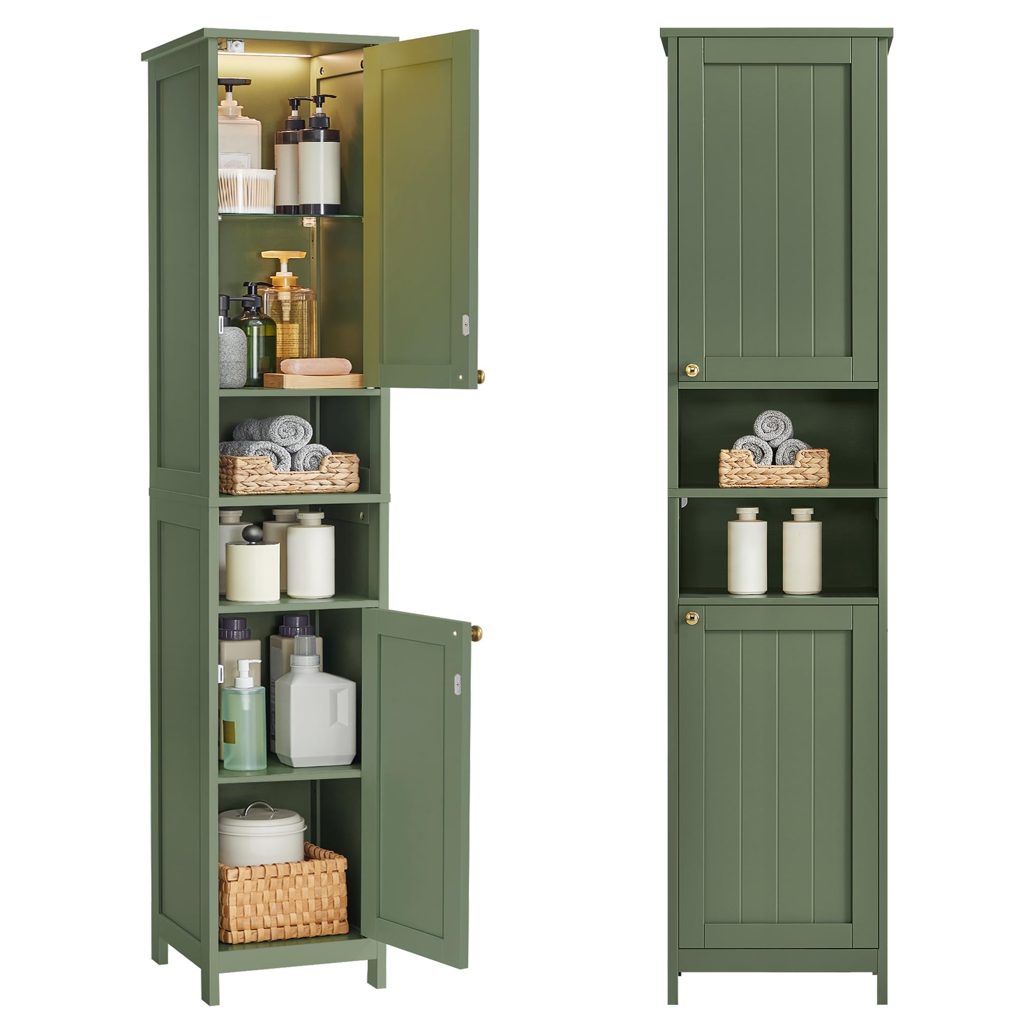 VASAGLE Armoire de Salle de Bain Haute avec Éclairage, Meuble de Rangement Mince, avec Étagères Réglables, Largeur 40 cm, pour Les Petits Espaces, Moderne, Vert Forêt BBC766CH03