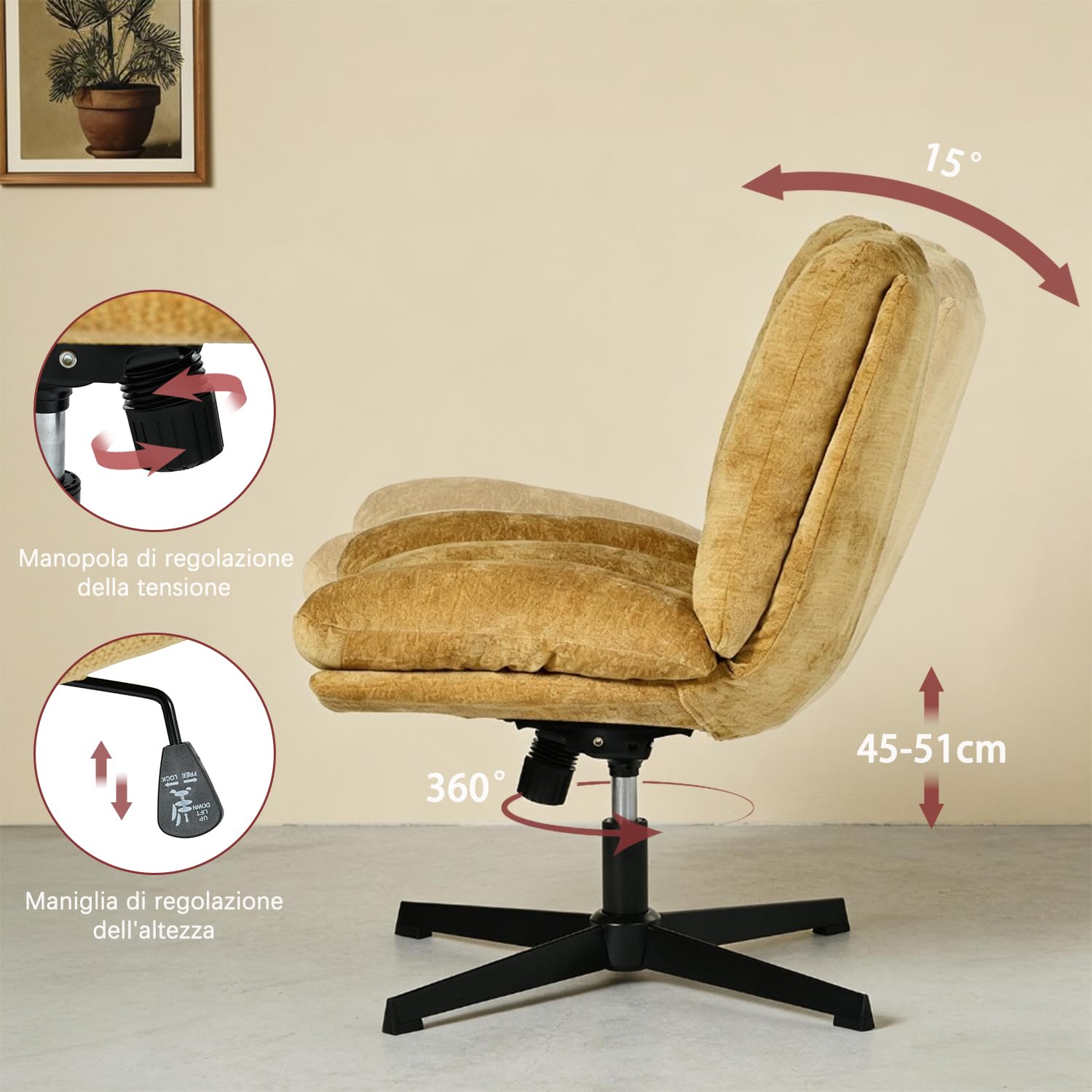 MEUBLE COSY Poltrona Girevole con Altezza Regolabile, Sedia da Salotto Funzione di Inclinazione Libera, Poltroncina Relax con Schienale Seduta Imbottito in Tessuto, Giallo