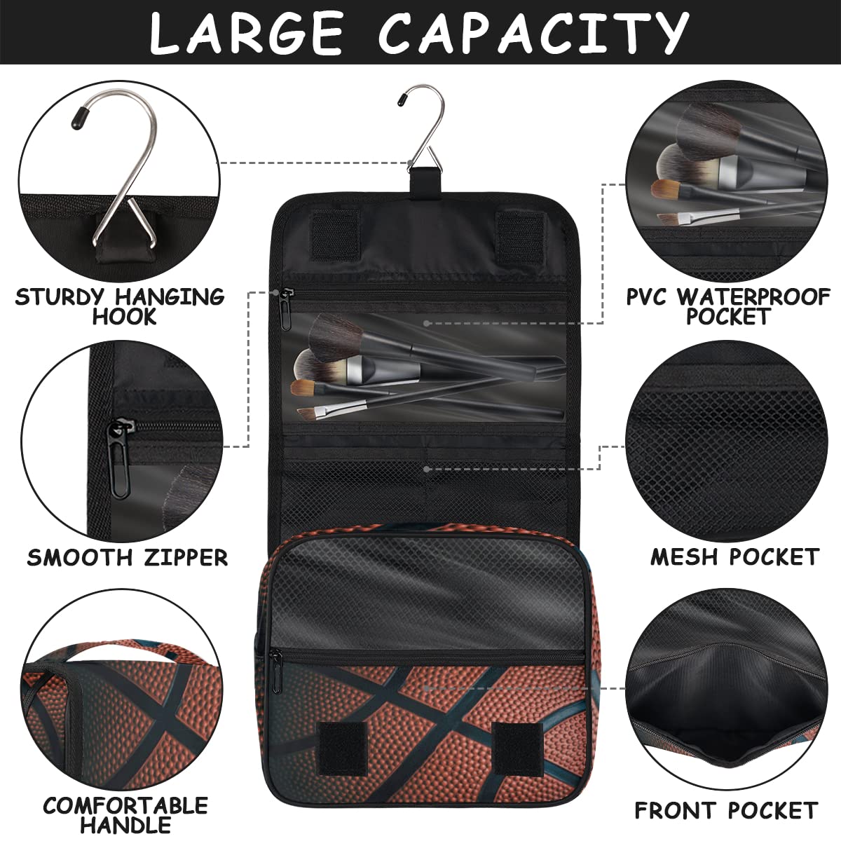 Koszykówka Podróżna Kosmetyczka Koszykówka Nadruk Mycie Torba Unisex Wiszące przybory toaletowe Kosmetyczka Organizer do makijażu, wielobarwny, Jeden rozmiar