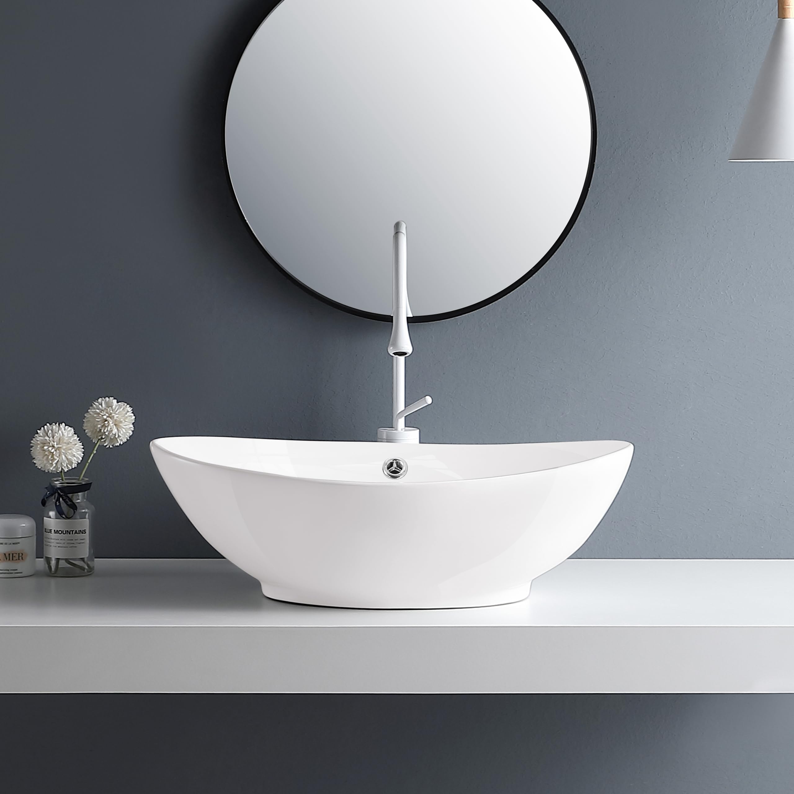 AQUAUNO Lavabo sobre encimera MAYA 59x39 cm Oval cerámica blanca sin orificio para grifo con rebosadero cromado