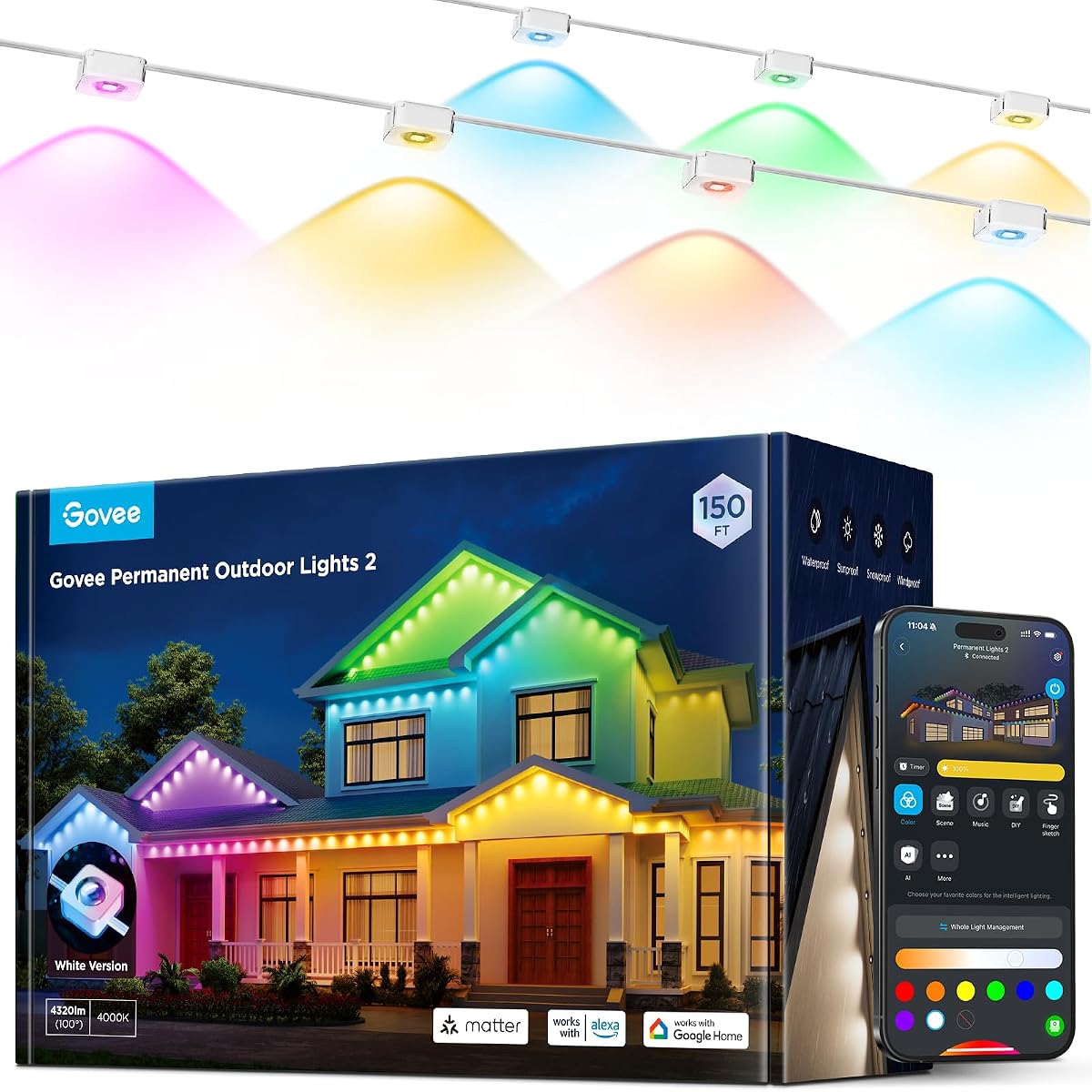 Luces exteriores permanentes Govee 2, luces exteriores RGBIC de 150 pies con 100 modos | 16 millones de colores, resistente al agua IP67 para exteriores, techo, alero, patio, cubierta, patio, funciona con Alexa, asistente de Google, blanco