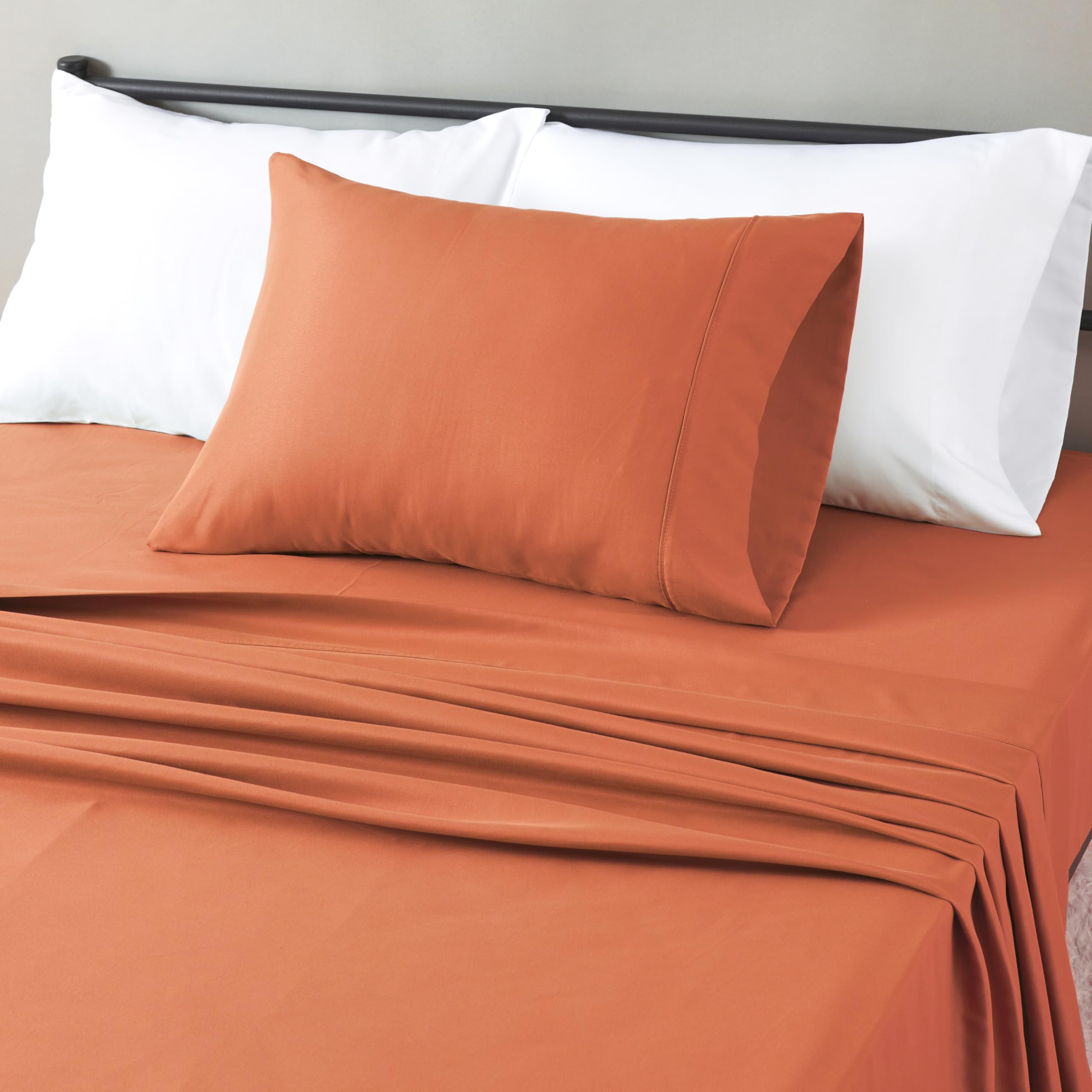 Photo 1 of Amazon Basics Lightweight Super Soft Easy Care Wrinkle Free Microfiber 3-Piece Bed Sheet Set with 14-Inch Deep Pockets, Twin, Brick, Solid