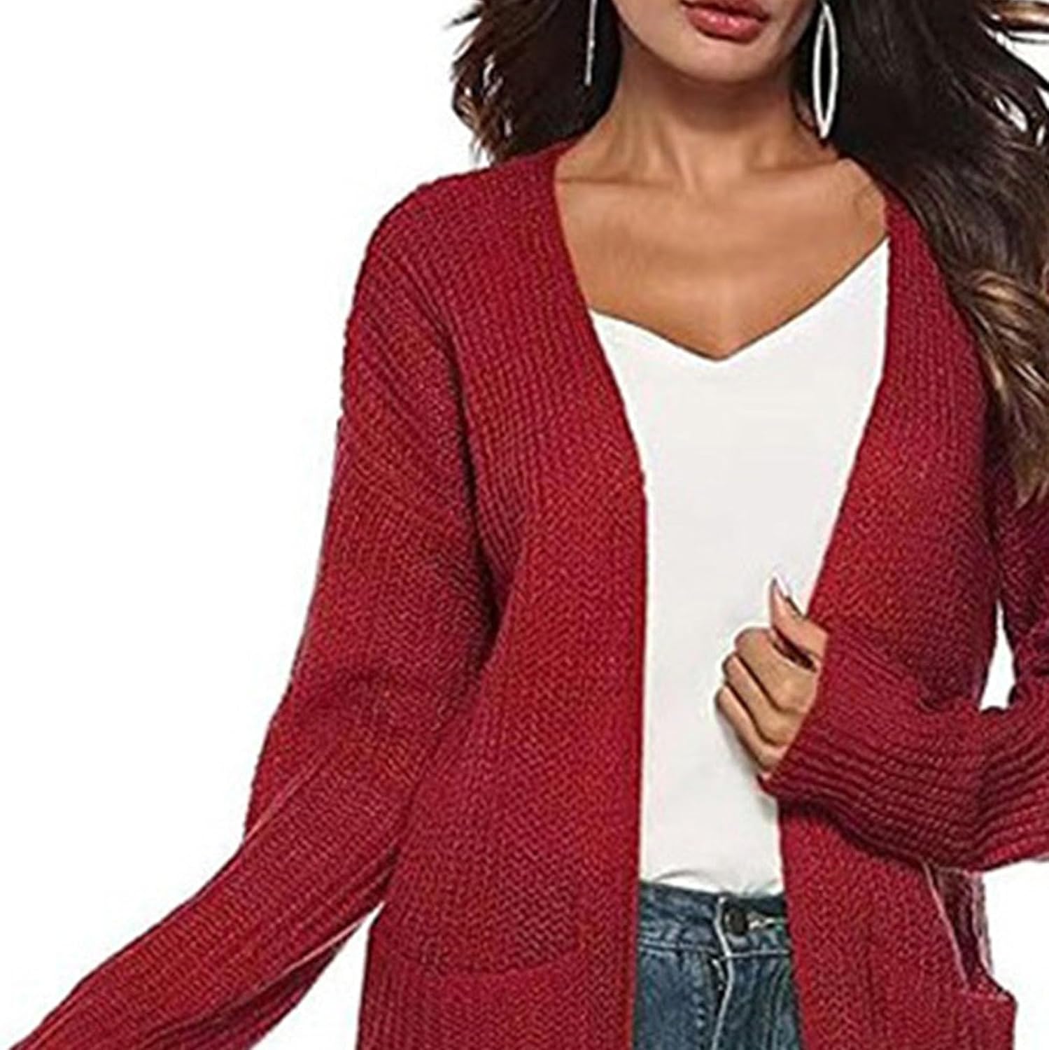 Womens Mesh Long Knee Length Cardigans Cable Knitted Open Front Outerwear Solid Color Sweater Coat with Pockets